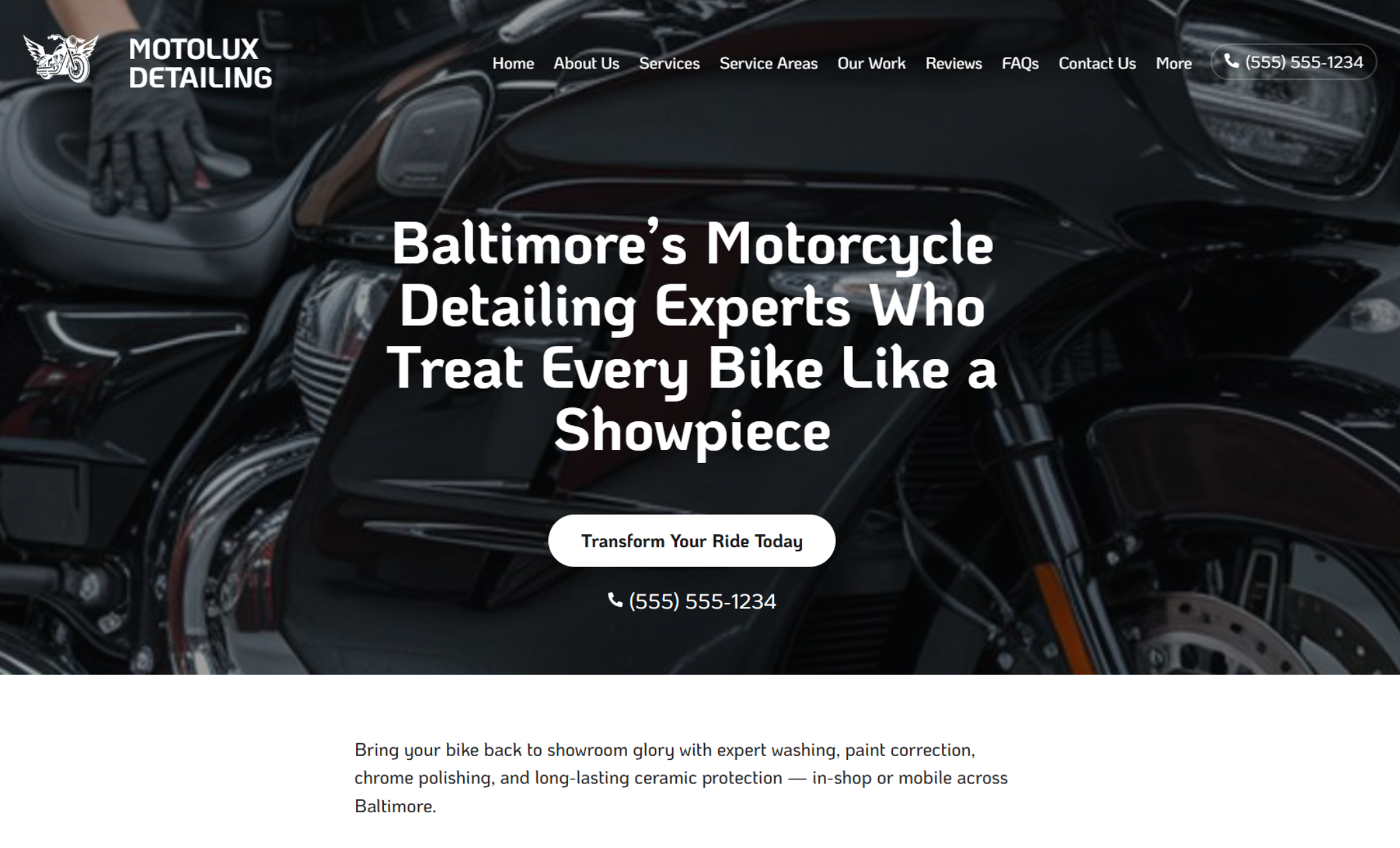 MotoLux Detailing homepage hero image – Close-up of a black motorcycle’s polished bodywork with chrome accents, overlaid with bold text reading “Baltimore’s Motorcycle Detailing Experts Who Treat Every Bike Like a Showpiece.”