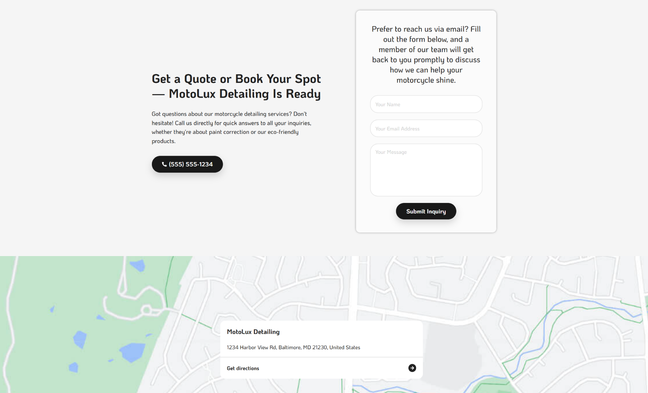 MotoLux Detailing contact section image – Minimalist contact form and call-to-action section inviting visitors to get a quote or book detailing services, paired with a map showing the Baltimore location of MotoLux Detailing.