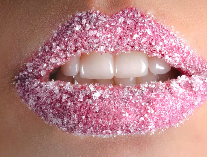 La boca de una persona mostrando dientes y labios cubiertos de azúcar en un logo de boca.