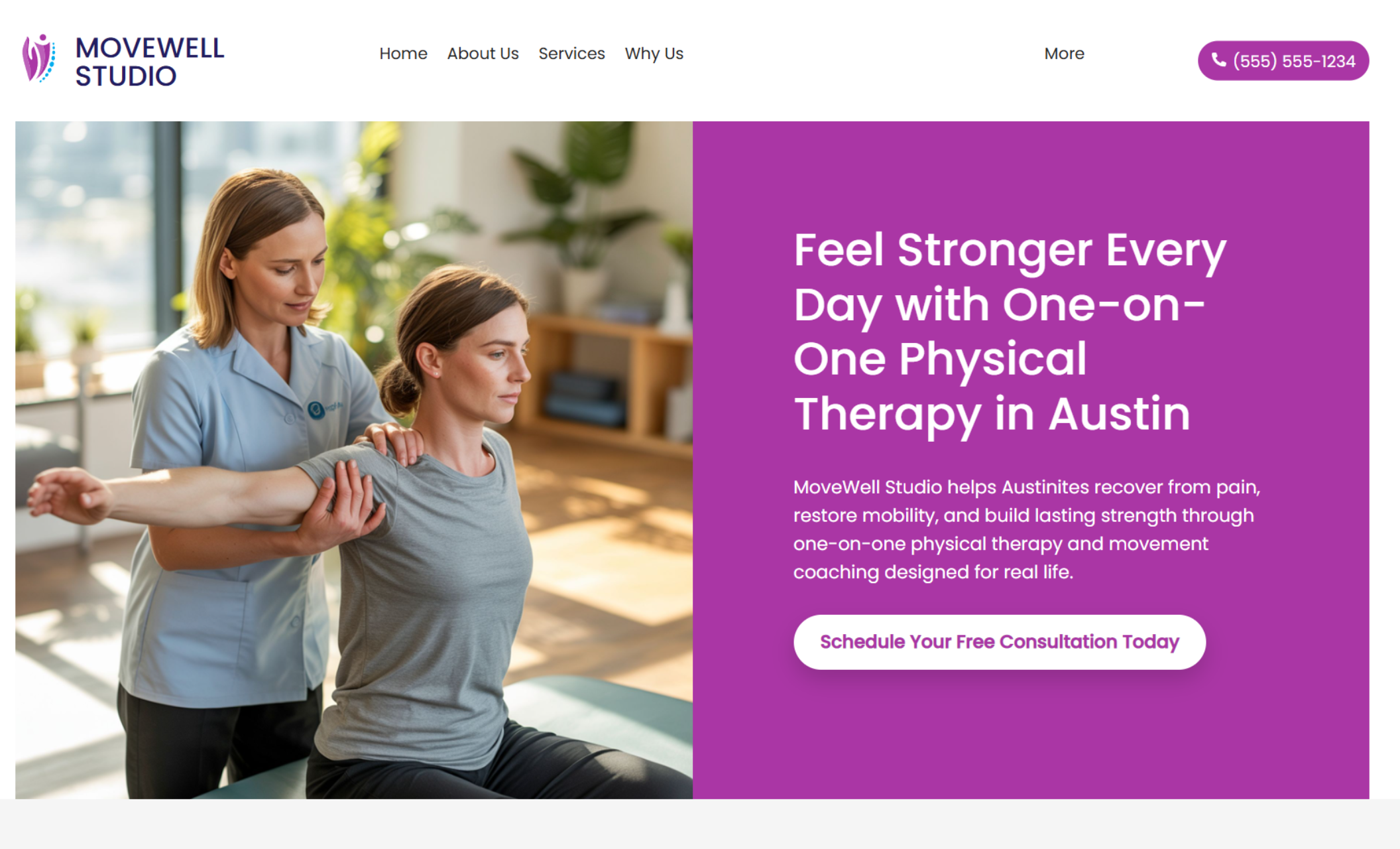 MoveWell Studio homepage featuring a therapist guiding a woman through a shoulder stretch next to a large purple block with the headline “Feel Stronger Every Day with One-on-One Physical Therapy in Austin” and a white button that says “Schedule Your Free Consultation Today.”