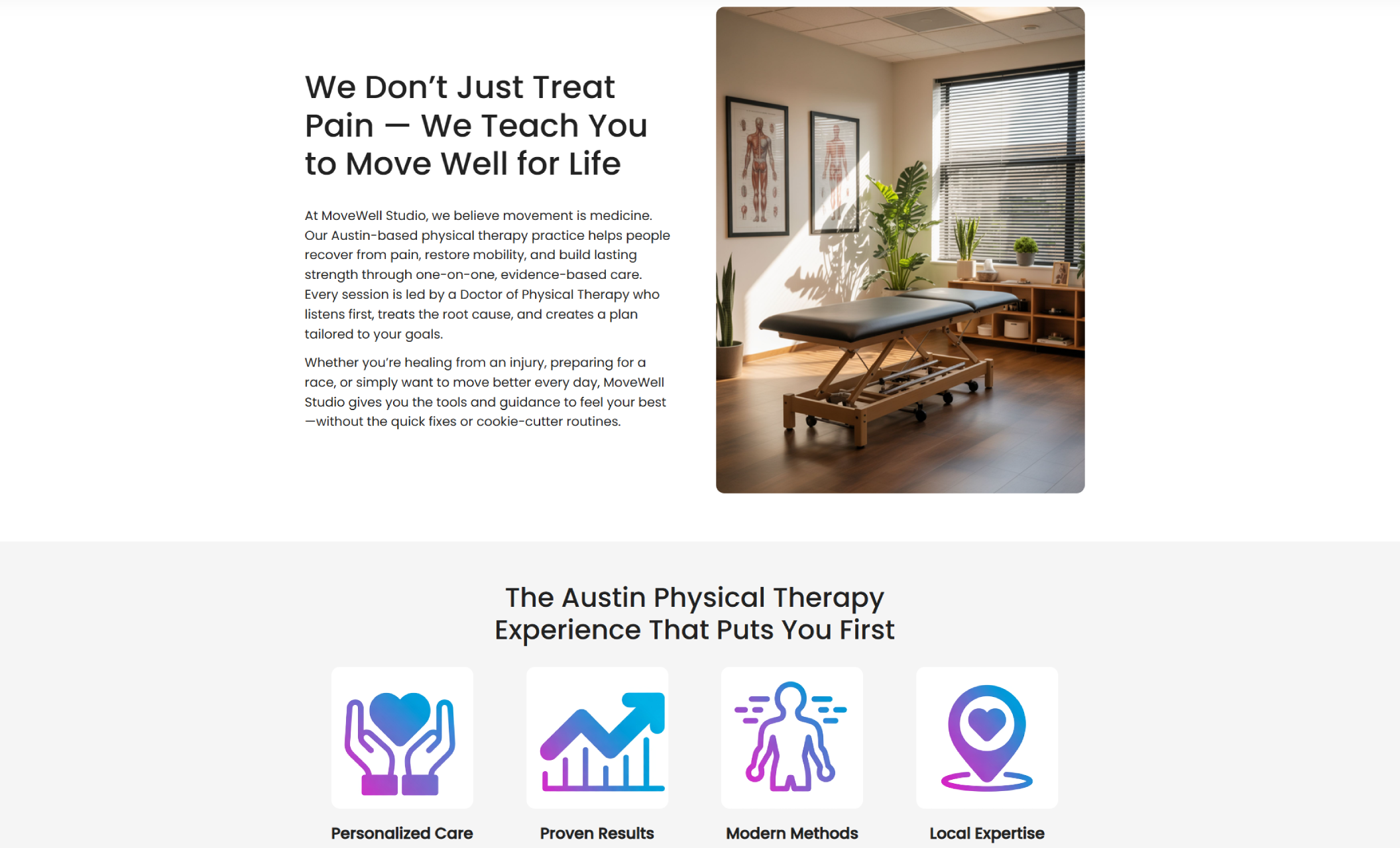 MoveWell Studio “Why Us” section featuring a bright physical therapy treatment room photo beside the headline “We Don’t Just Treat Pain — We Teach You to Move Well for Life” and four icon-based benefits below