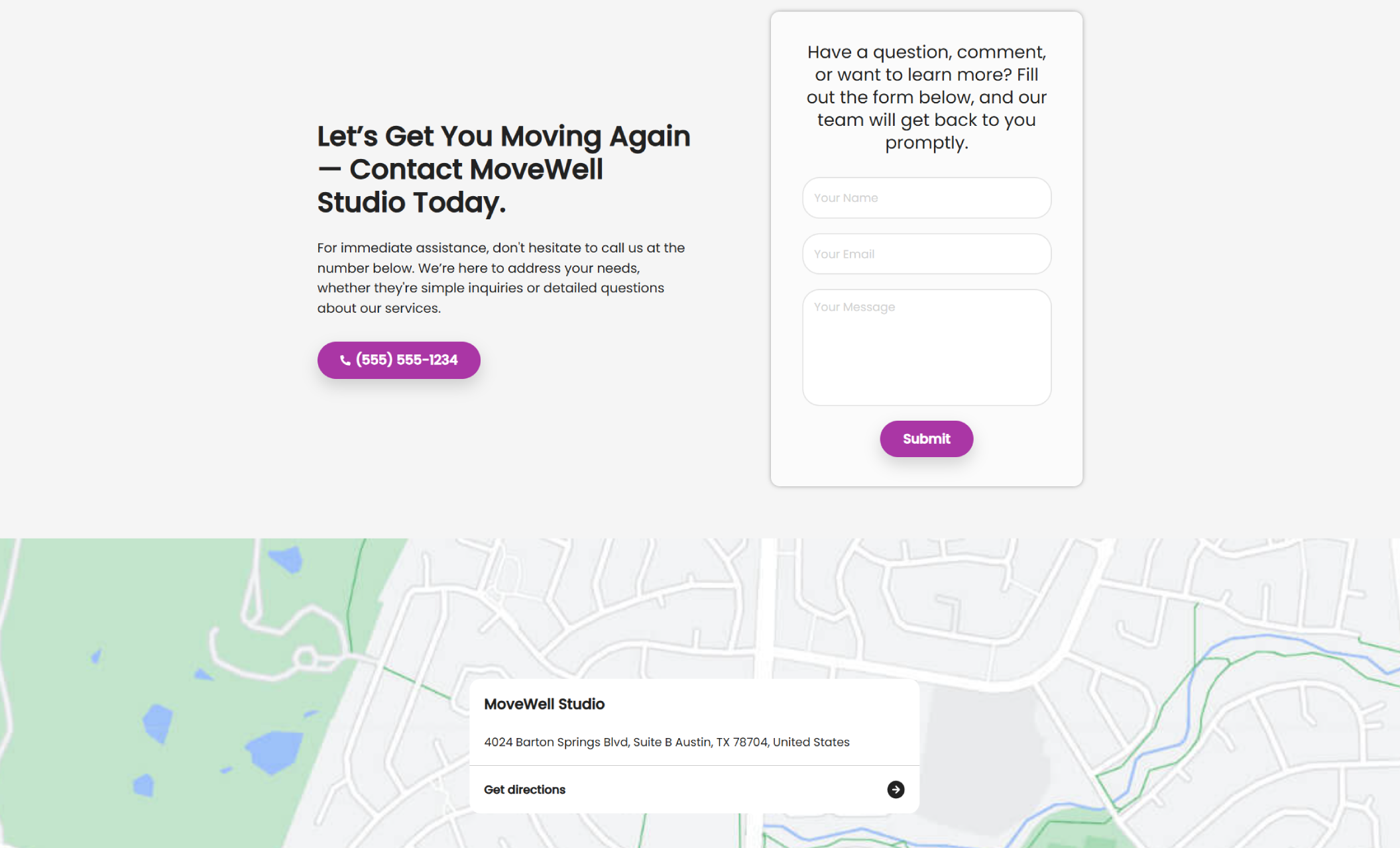 MoveWell Studio contact section with a purple phone-number button on the left and a white contact form on the right, followed by an embedded map showing the Austin clinic location at 4024 Barton Springs Blvd