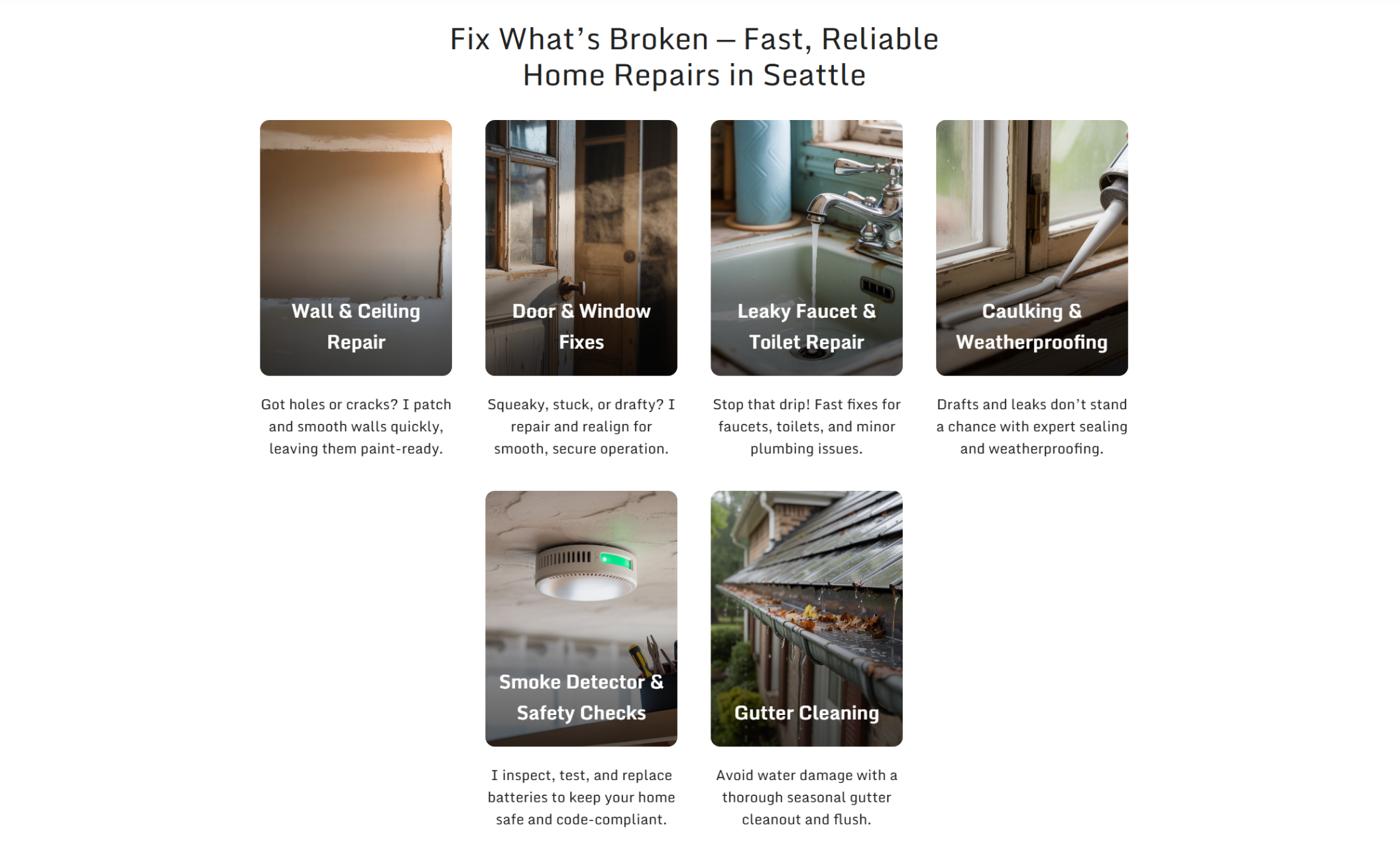 Home repair service section under the headline “Fix What’s Broken — Fast, Reliable Home Repairs in Seattle” showing six photo tiles for services like wall repair, faucet fixes, gutter cleaning, and smoke detector checks with short descriptions below each image