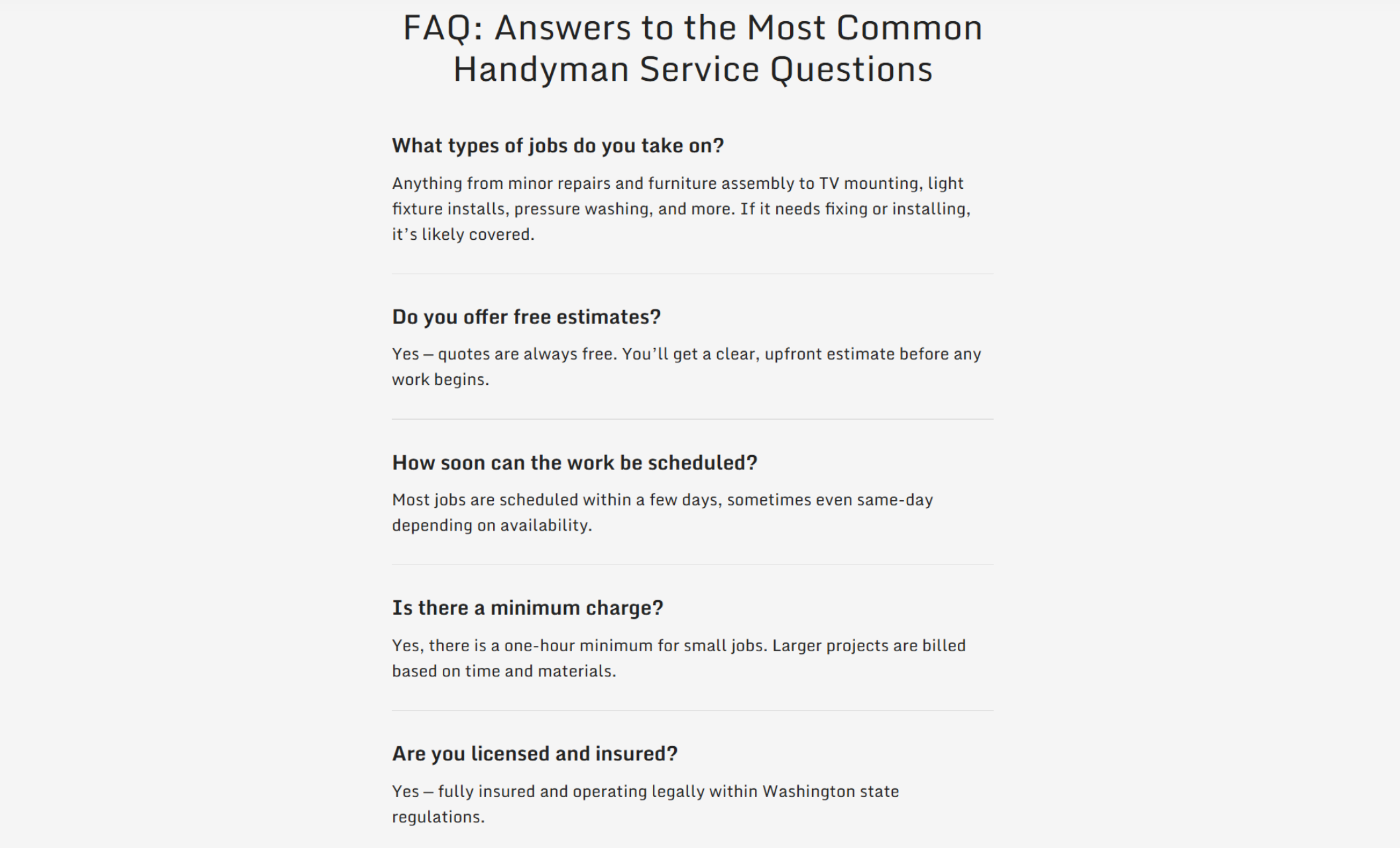 FAQ section titled “Answers to the Most Common Handyman Service Questions” with five bolded questions and answers on topics like job types, free estimates, scheduling, minimum charges, and licensing