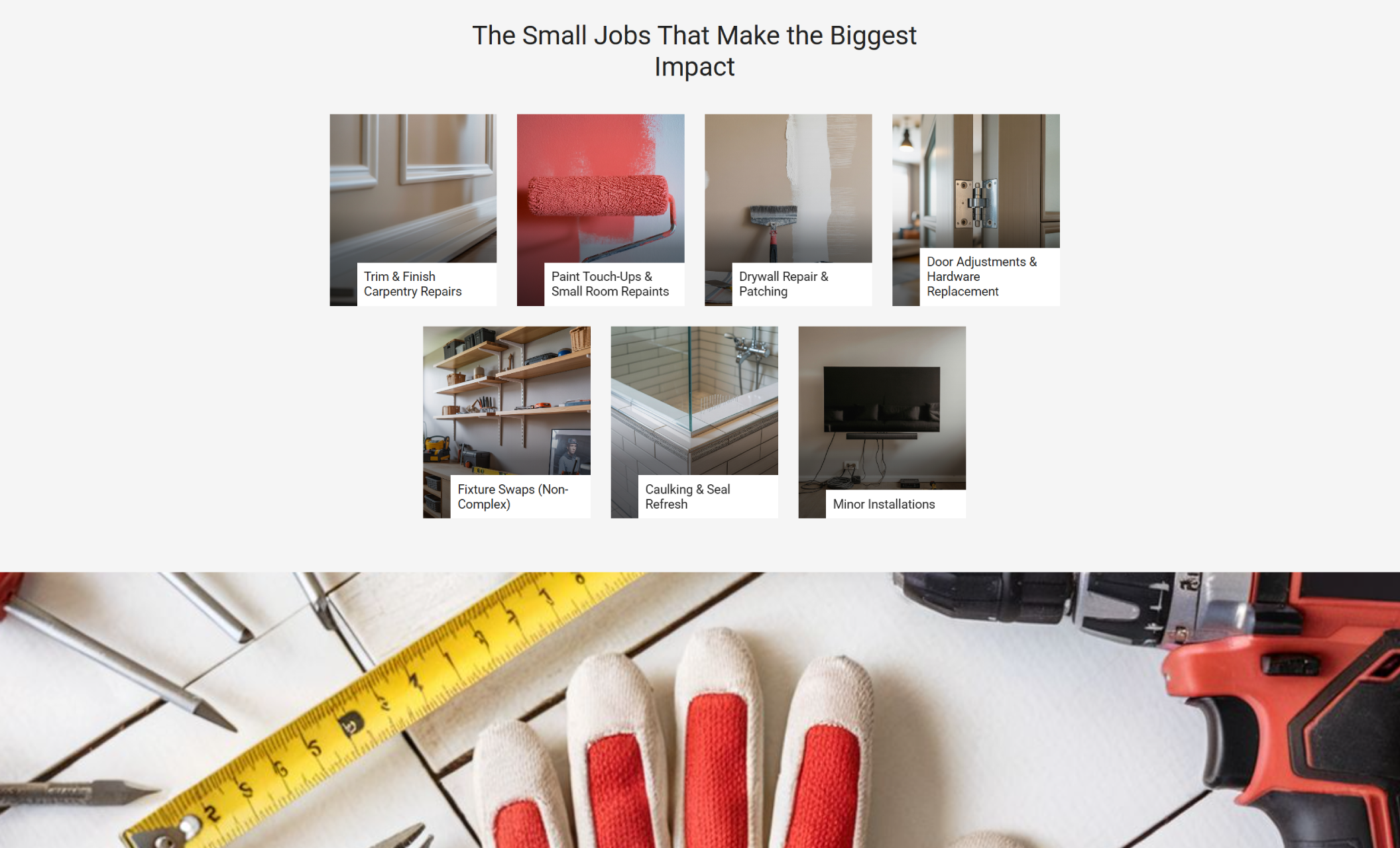 Mr. Fix-It by Mark services section labeled “The Small Jobs That Make the Biggest Impact,” displaying image tiles for trim carpentry, paint touch-ups, drywall repair, door hardware replacement, fixture swaps, caulking refresh, and minor installations