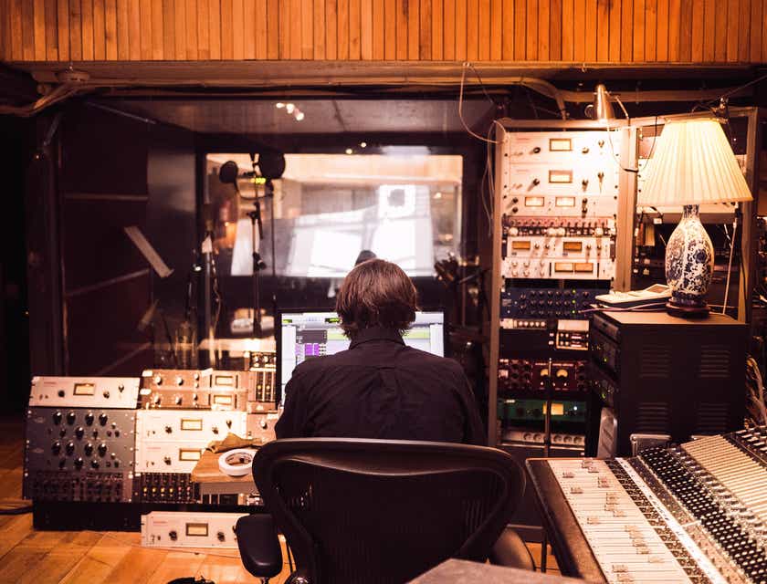 Un productor musical que trabaja en una canción en un estudio, en un logo para compañías de producción musical.