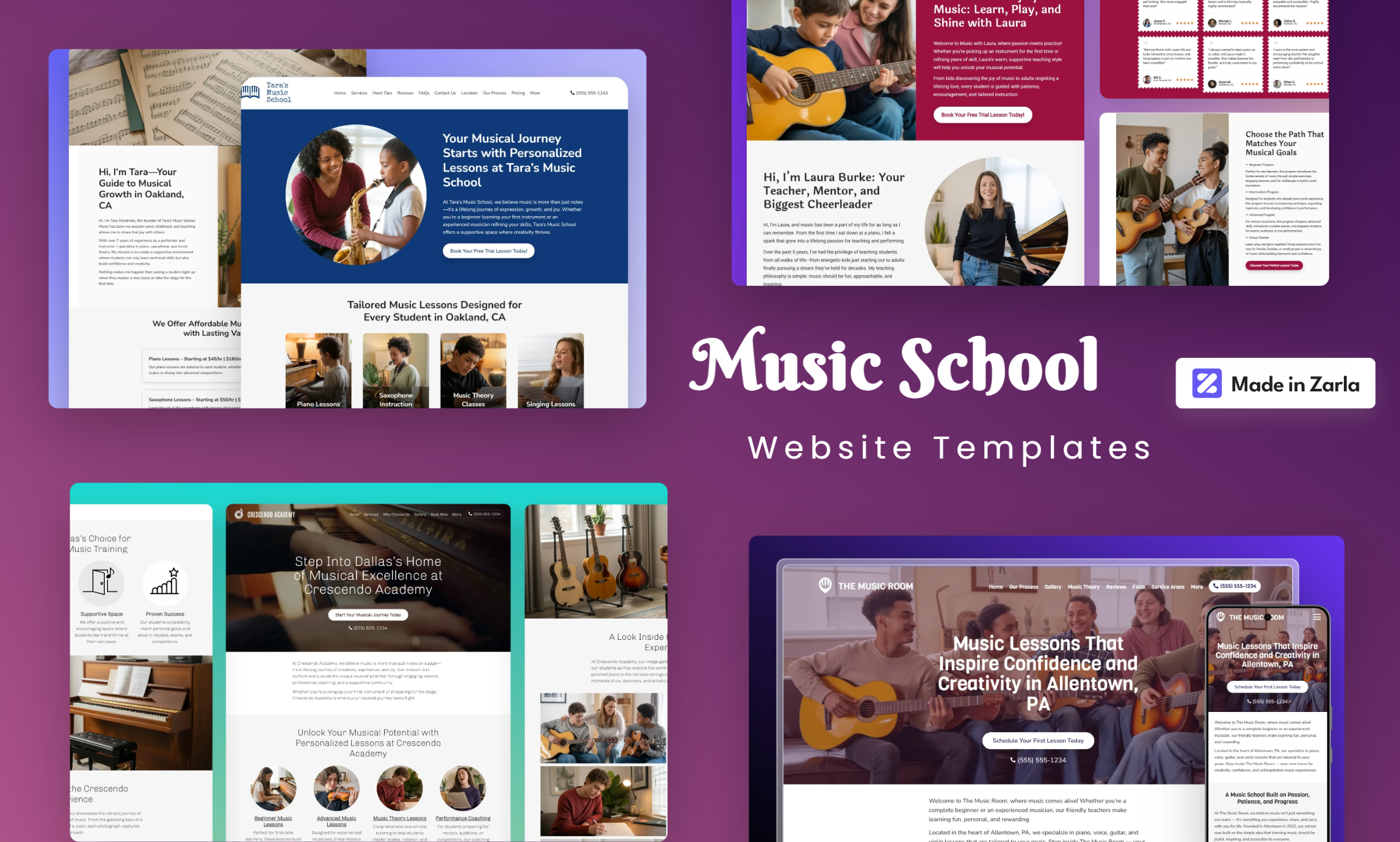Collection of music school website templates created with Zarla