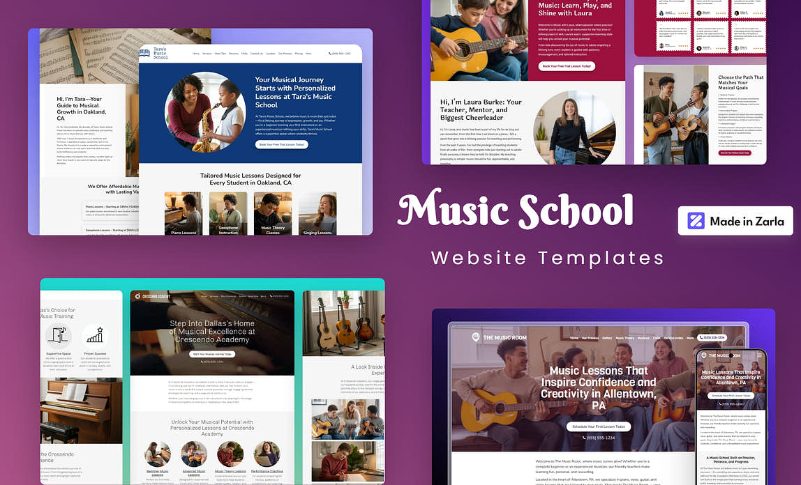 Collection of music school website templates created with Zarla