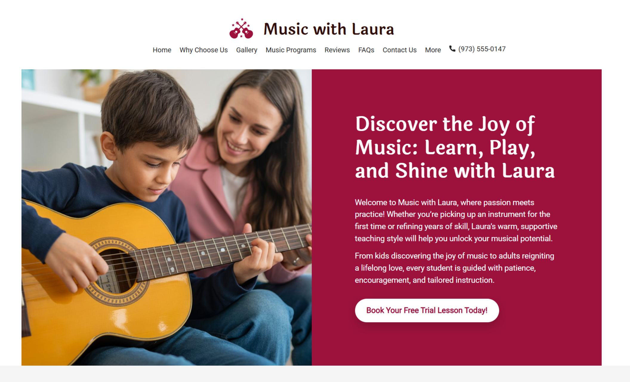 Music with Laura homepage showing a young boy learning guitar with Laura’s guidance under the headline “Discover the Joy of Music: Learn, Play, and Shine with Laura,” alongside a red button that says “Book Your Free Trial Lesson Today.”