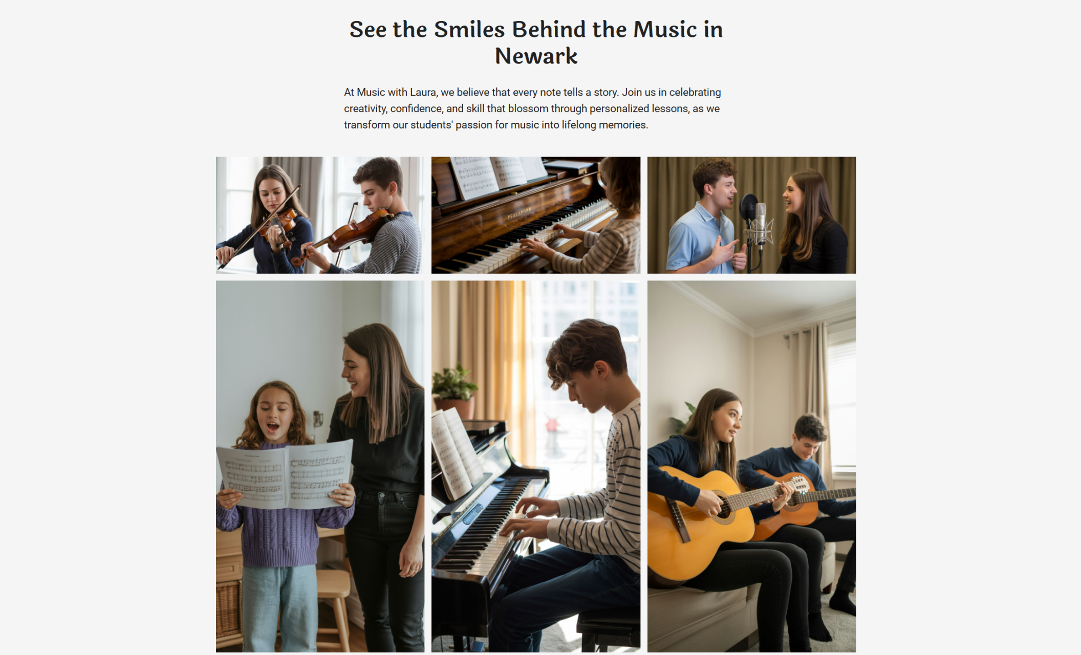 Music with Laura gallery section featuring a collage of students singing, playing violin, piano, and guitar during lessons, with the headline “See the Smiles Behind the Music in Newark.”