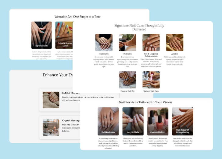 A collage of services section generated by Zarla showing different styles of service items, all having a picture, a title, and a brief description
