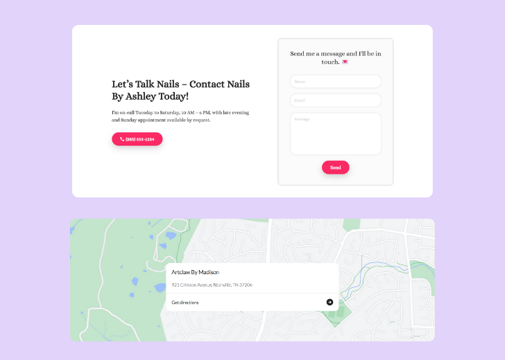 A screenshot of a header with navigation pills with contact number, a blue-colored primary button with contact number, and a 2D depiction of a map with a business address in the center