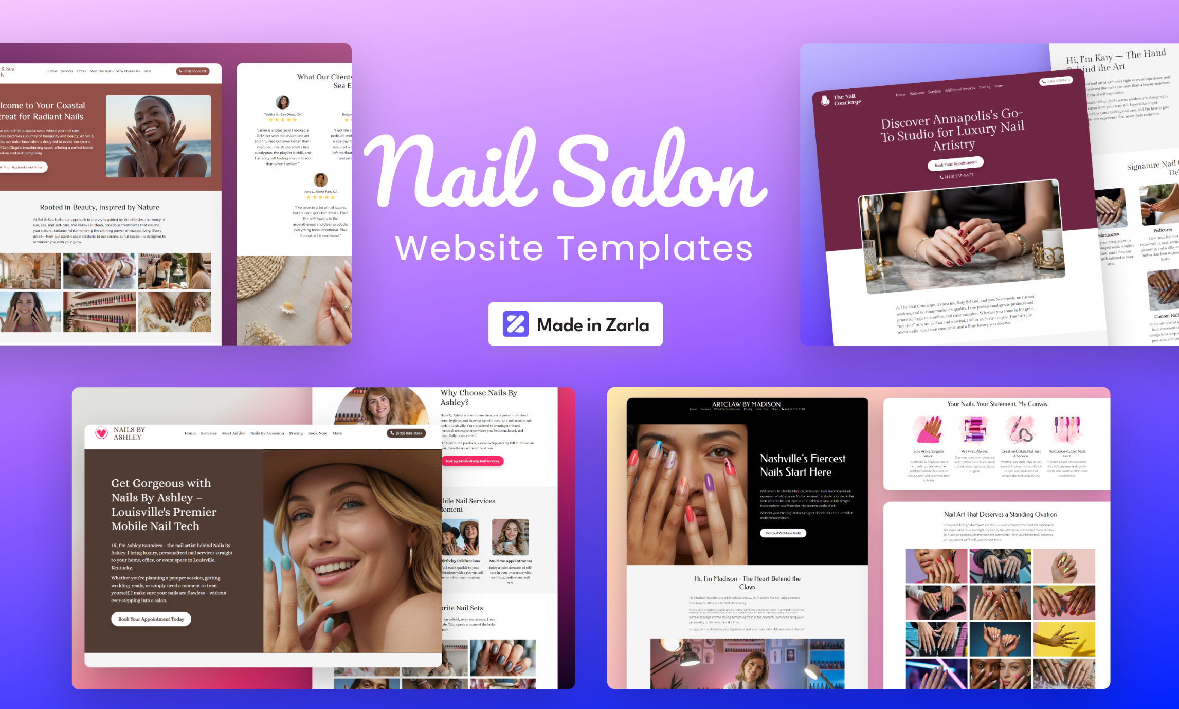 Collection of nail salon website templates created with Zarla