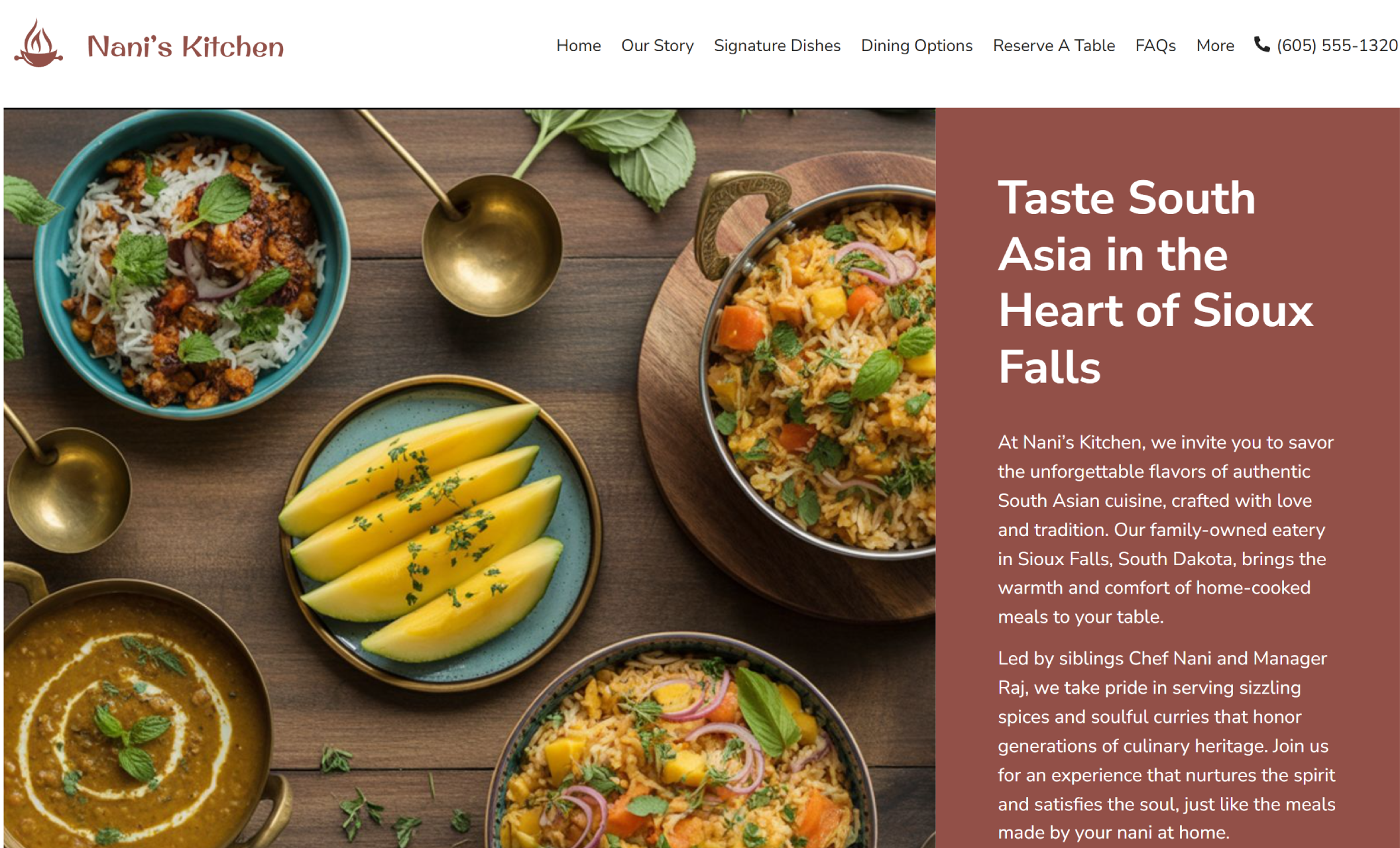 Nani’s Kitchen homepage with vibrant overhead shots of mango slices, curry, and biryani bowls, beside the headline “Taste South Asia in the Heart of Sioux Falls” and a warm welcome message describing the family-owned eatery
