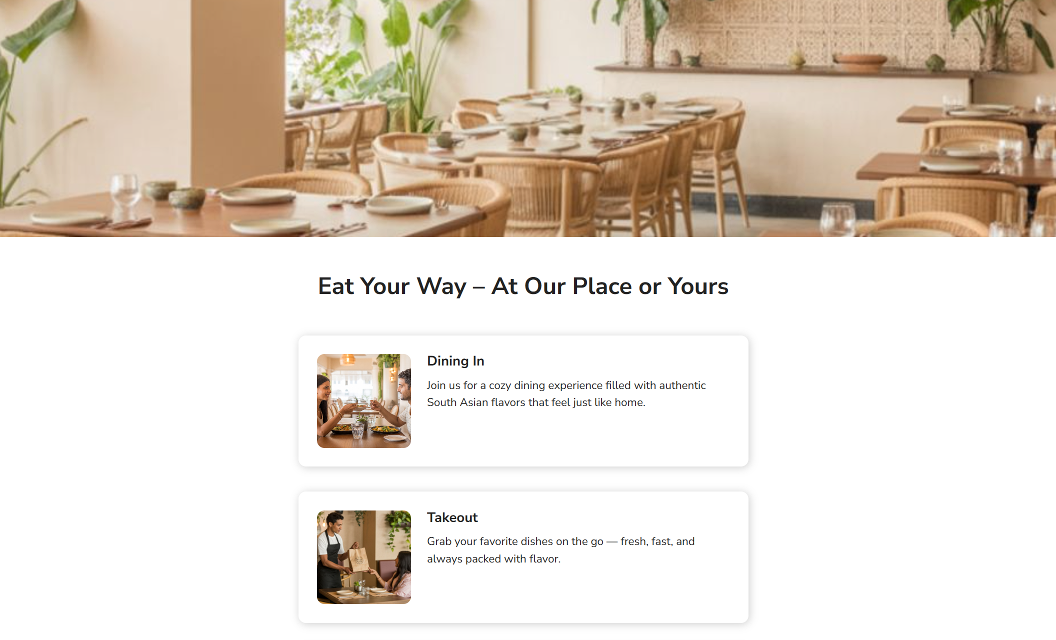 Dining options section of Nani’s Kitchen site showing a sunlit dining room with wooden tables and lush plants, paired with two labeled boxes for “Dining In” and “Takeout,” each with a photo and description of the experience