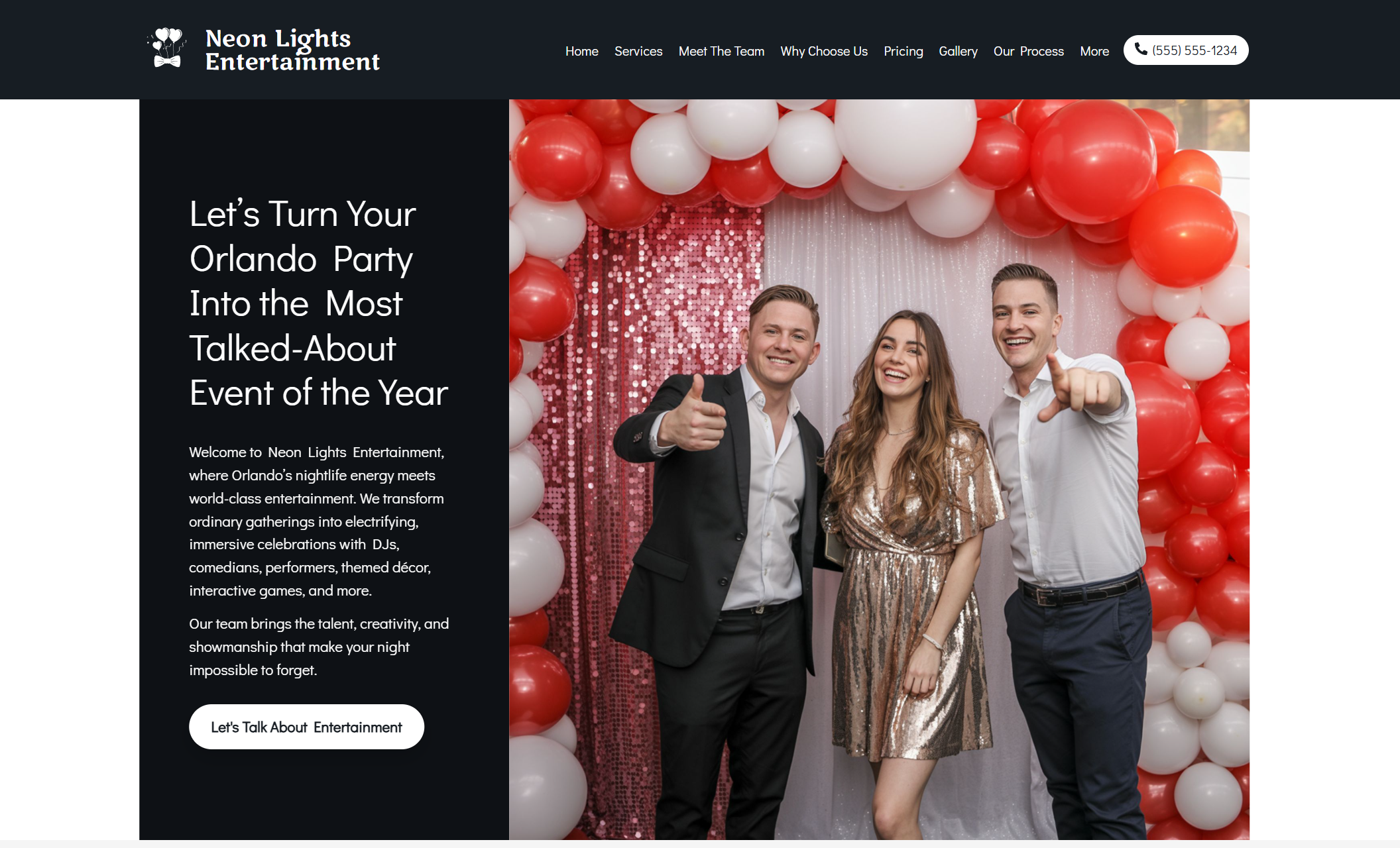 Neon Lights Entertainment homepage hero featuring three well-dressed guests smiling and pointing toward the camera in front of a red-and-white balloon backdrop, alongside the headline “Let’s Turn Your Orlando Party Into the Most Talked-About Event of the Year” and a white “Let’s Talk About Entertainment” button