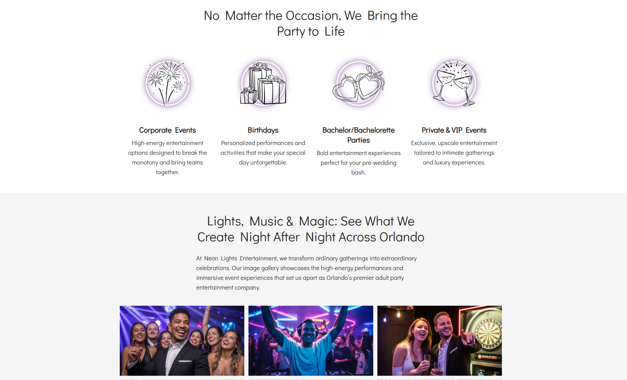 Neon Lights Entertainment gallery section showcasing a row of nightlife event photos with guests dancing, cheering, and celebrating under colorful club lighting, beneath the heading “Lights, Music & Magic: See What We Create Night After Night Across Orlando.”
