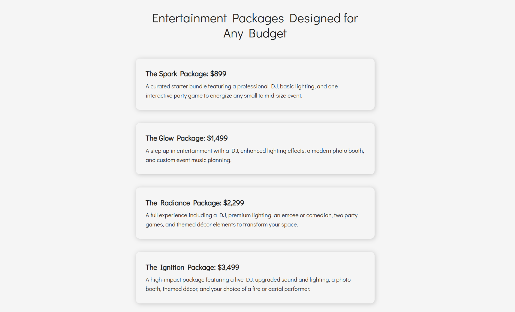 Neon Lights Entertainment pricing section presenting four clean white cards outlining entertainment packages titled The Spark, The Glow, The Radiance, and The Ignition, each with descriptions and pricing for different event experiences