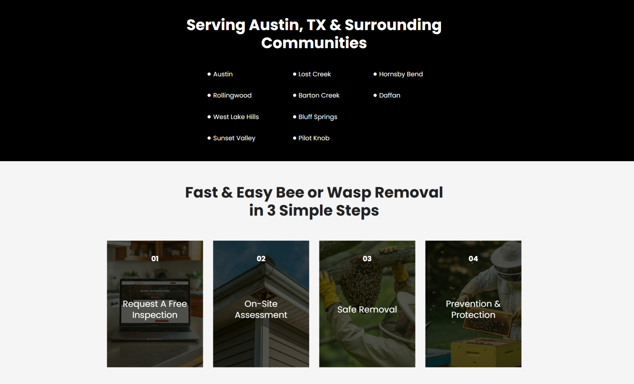 Service process section titled “Fast & Easy Bee or Wasp Removal in 3 Simple Steps” showing illustrated steps including requesting an inspection, on-site assessment, safe removal, and prevention