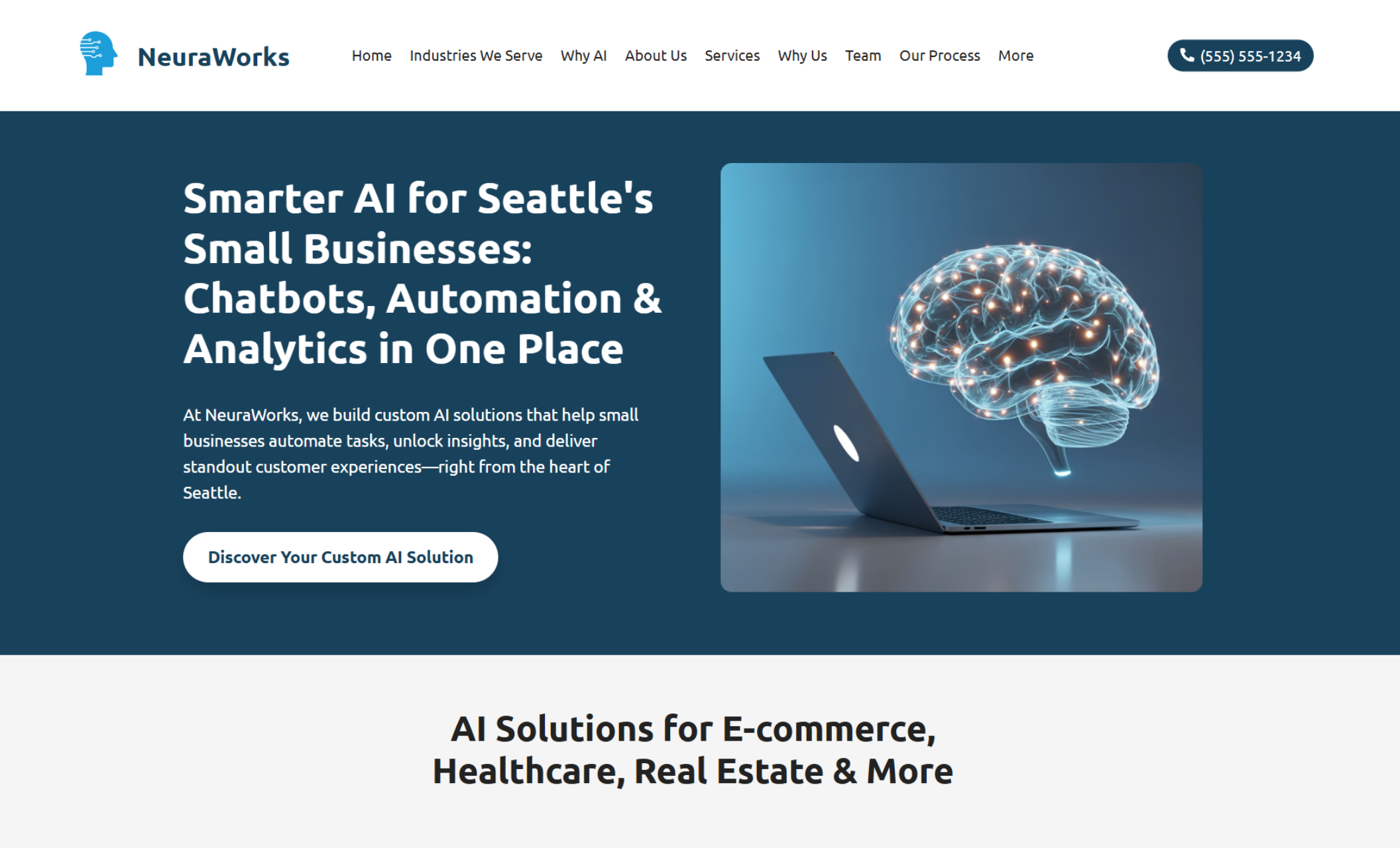 NeuraWorks homepage featuring a glowing digital brain floating above a laptop next to the headline “Smarter AI for Seattle’s Small Businesses: Chatbots, Automation & Analytics in One Place” and a white button that says “Discover Your Custom AI Solution.”