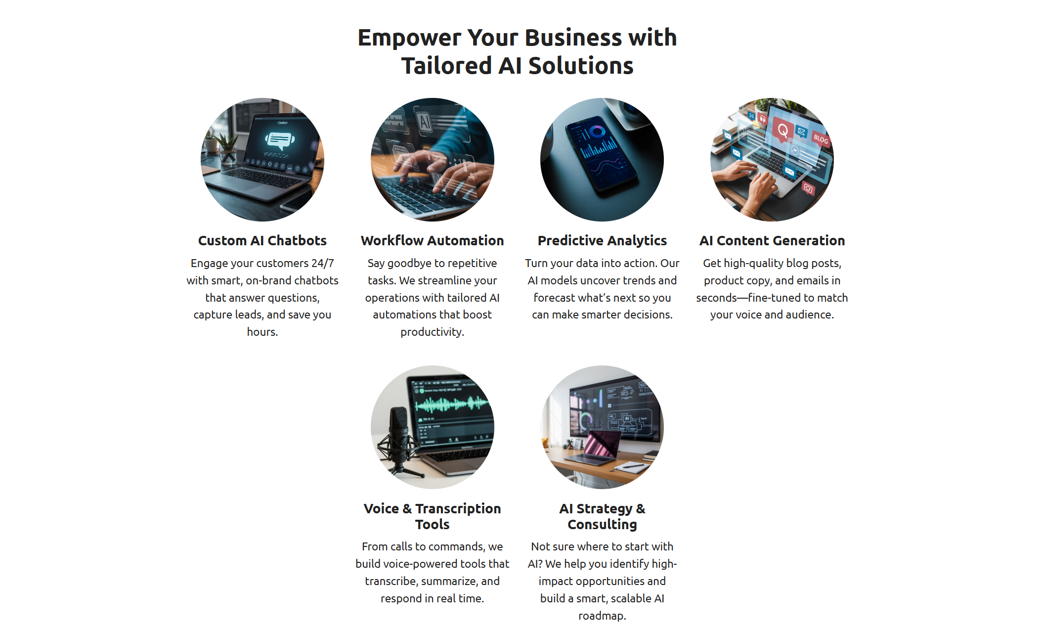 Service overview section from NeuraWorks highlighting six circular icons for solutions like AI chatbots, workflow automation, and predictive analytics under the heading “Empower Your Business with Tailored AI Solutions.”