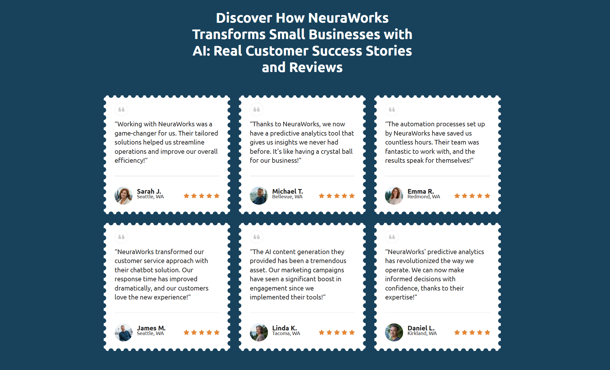 Testimonial grid from NeuraWorks displaying six client success stories with headshots and five-star reviews beneath the headline “Discover How NeuraWorks Transforms Small Businesses with AI: Real Customer Success Stories and Reviews.”