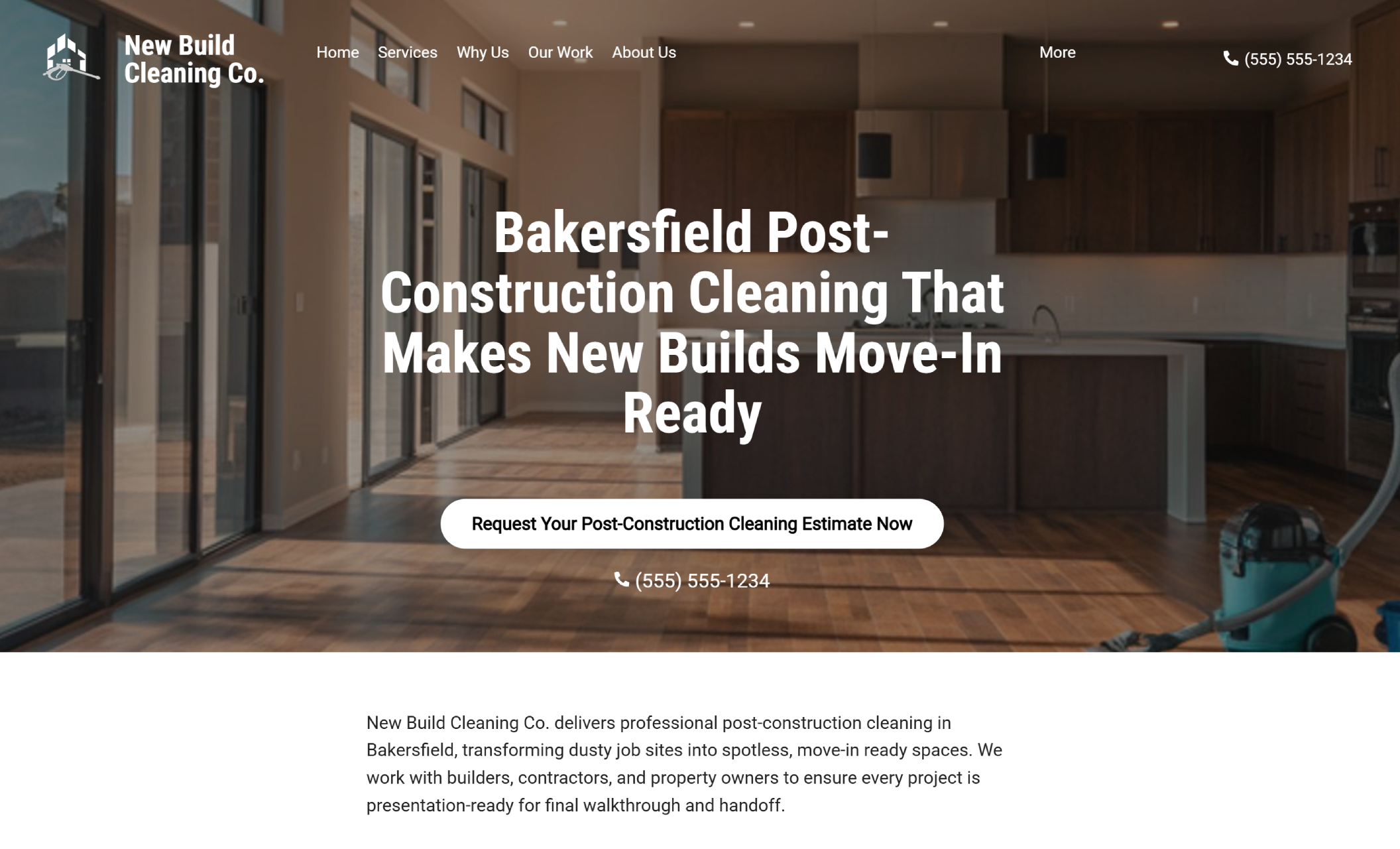 New Build Cleaning Co. homepage hero stating “Bakersfield Post-Construction Cleaning That Makes New Builds Move-In Ready” over a sunlit modern kitchen with a vacuum on hardwood floors