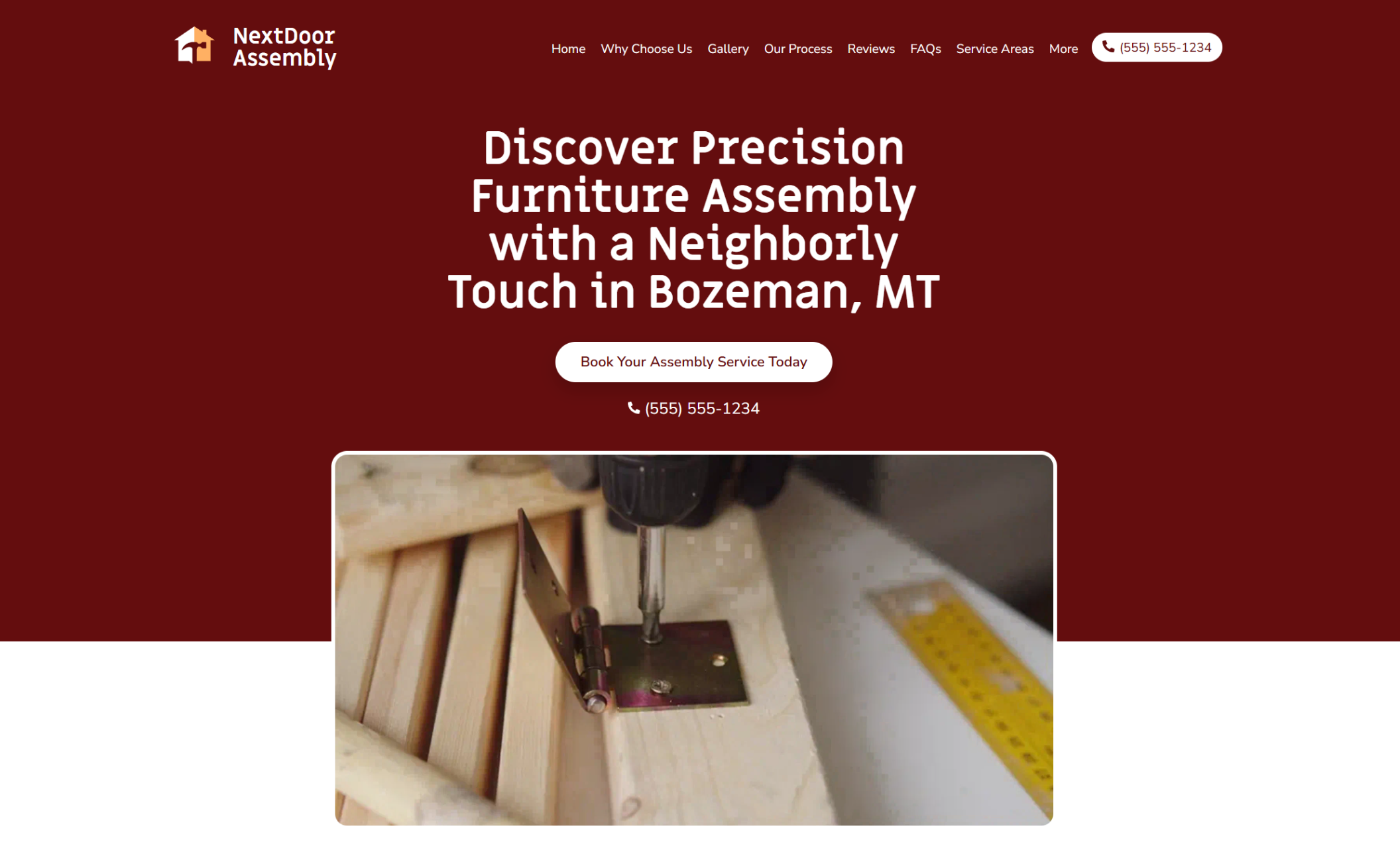 NextDoor Assembly homepage section featuring a circular photo of a technician using a screwdriver to assemble a wooden shelving unit, next to the headline ‘Expert Flat-Pack & Furniture Assembly for Every Room’ and a gold call-to-action button