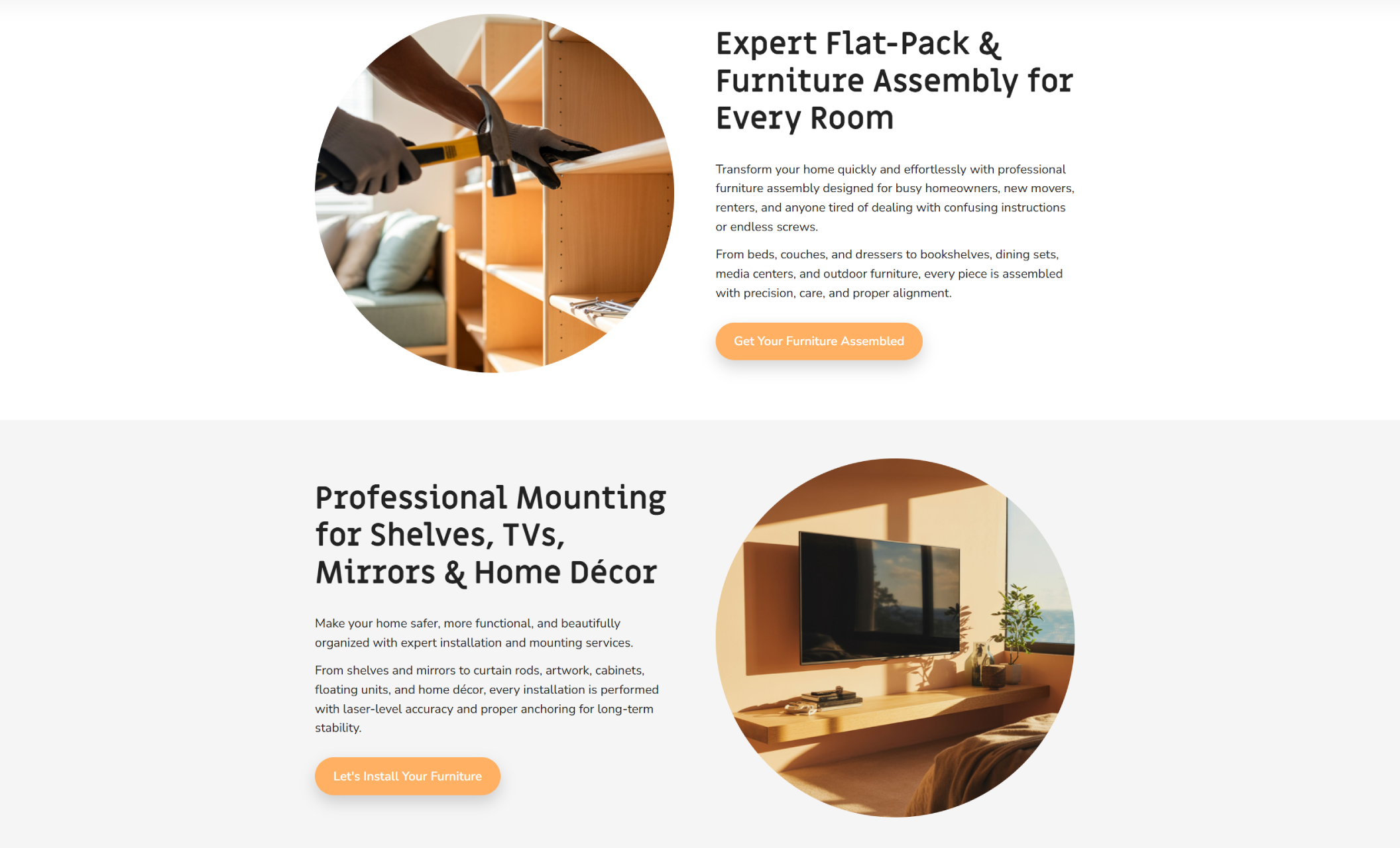 NextDoor Assembly interior installation section displaying a round photo of a wall-mounted TV in a warmly lit living room beside the headline ‘Professional Mounting for Shelves, TVs, Mirrors & Home Décor.’