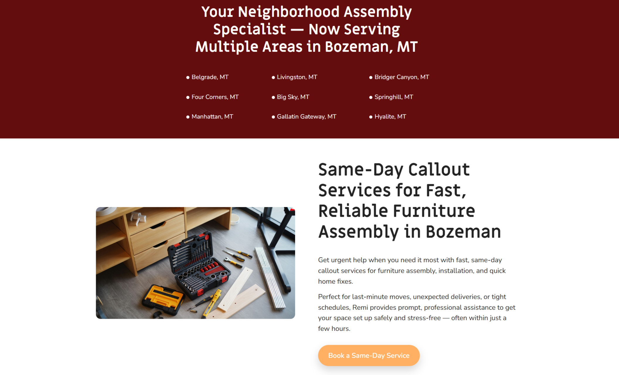 NextDoor Assembly service section showing the headline ‘Your Neighborhood Assembly Specialist — Now Serving Multiple Areas in Bozeman, MT’ above a photo of an open toolbox and loose tools beside a partially assembled wooden cabinet, accompanied by text promoting same-day callout furniture assembly services