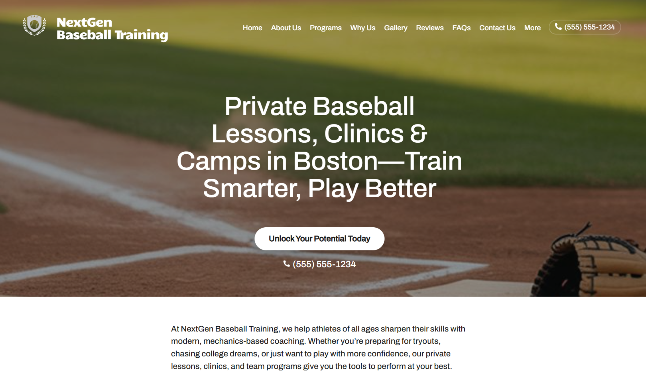 NextGen Baseball Training homepage featuring a close-up of a bat, glove, and baseball on the field beside the headline “Private Baseball Lessons, Clinics & Camps in Boston—Train Smarter, Play Better” with a white button that says “Unlock Your Potential Today.”