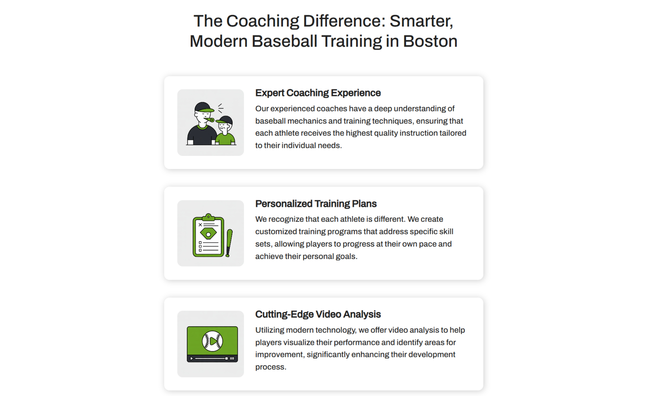 NextGen Baseball Training “Why Us” section with three illustrated icons representing Expert Coaching Experience, Personalized Training Plans, and Cutting-Edge Video Analysis, each paired with descriptive text