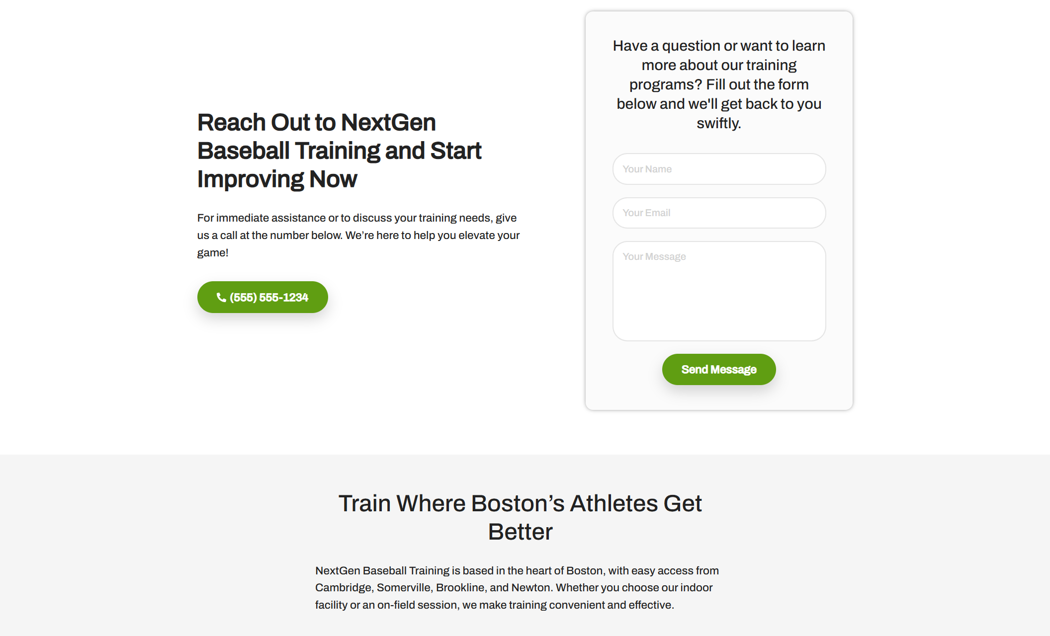 NextGen Baseball Training contact section with a bold headline “Reach Out to NextGen Baseball Training and Start Improving Now,” a green call button with the number (555) 555-1234, and a form where visitors can enter their name, email, and message