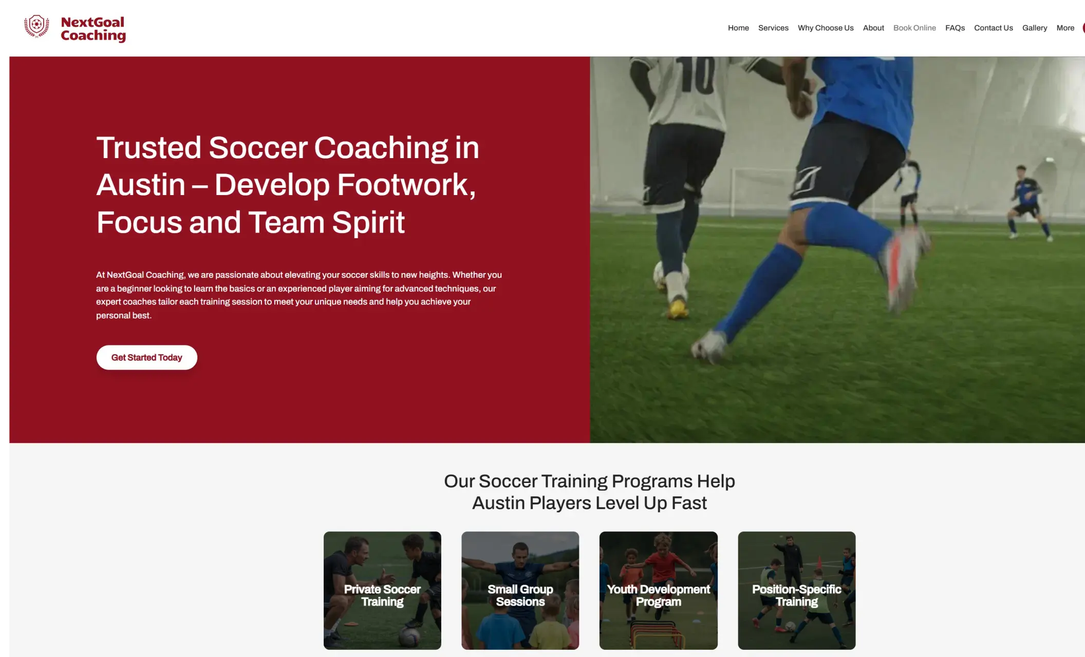 NextGoal Coaching's homepage featuring the video background of soccer players playing, company branding, call-to-action button, and a brief introduction of the company
