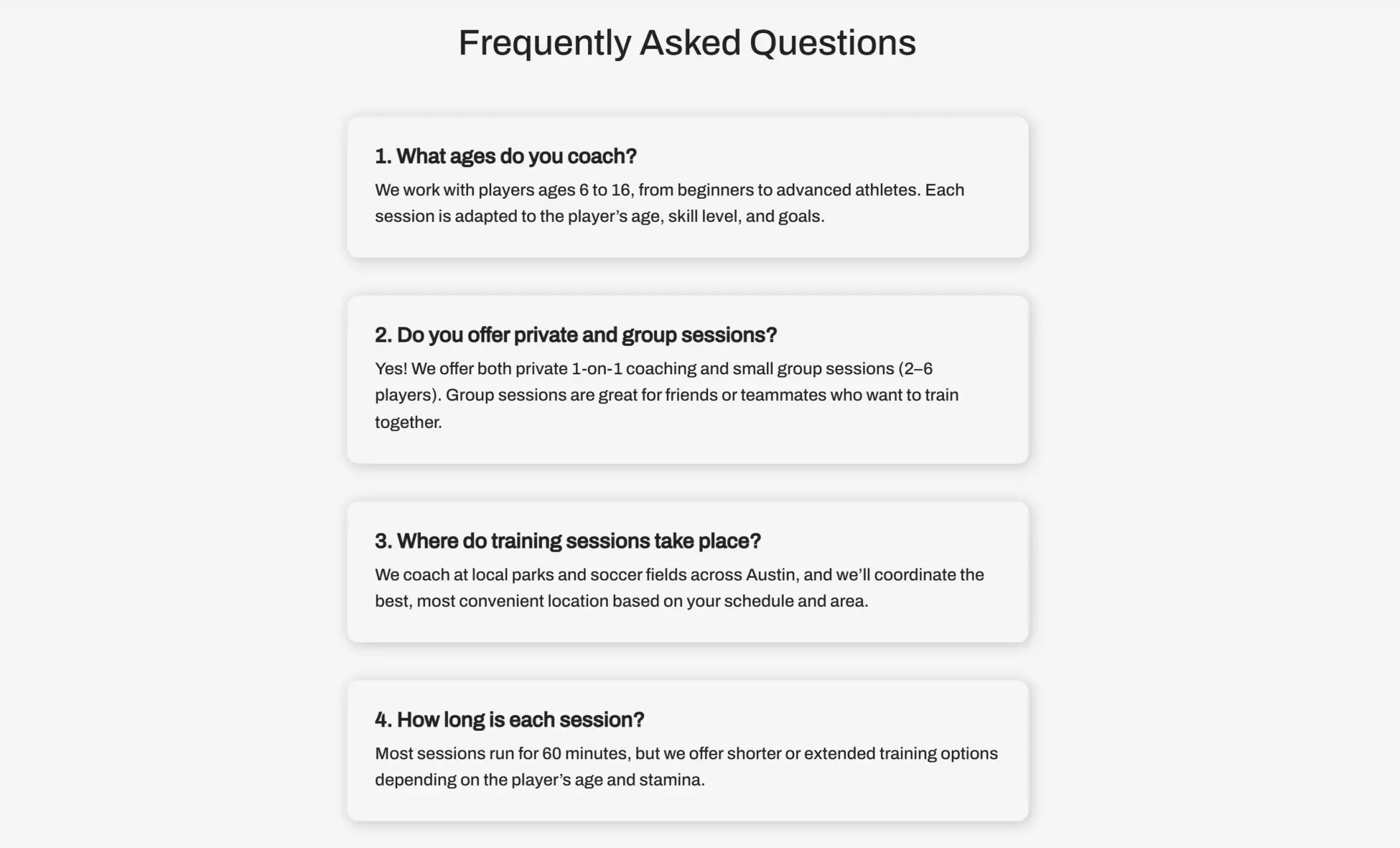 NextGoal Coaching's website displaying frequently asked questions