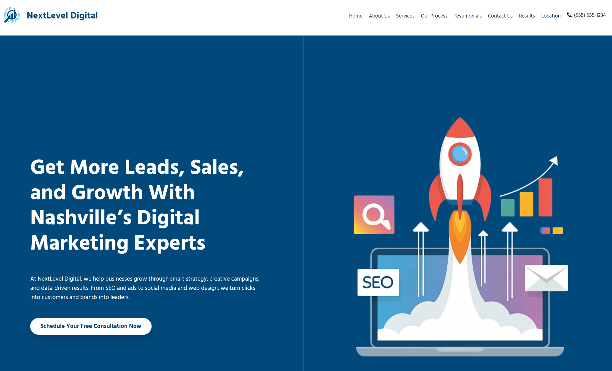 NextLevel Digital homepage featuring a rocket launching from a laptop with SEO and email icons, beside the bold headline 'Get More Leads, Sales, and Growth With Nashville’s Digital Marketing Experts' and a blue consultation button.