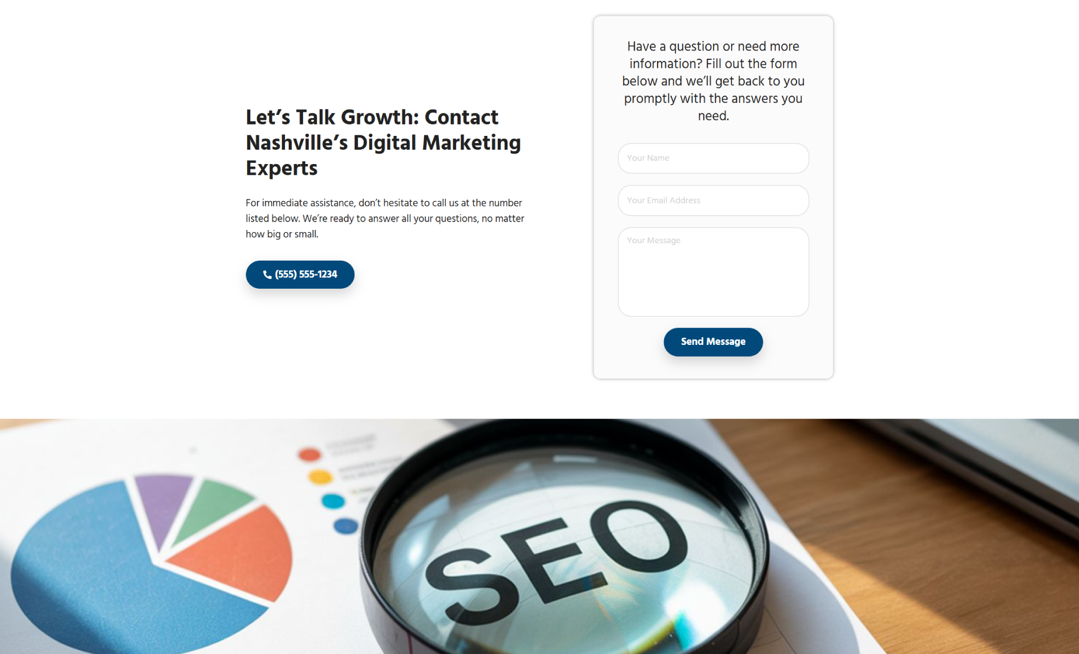 NextLevel Digital contact section featuring the headline 'Let’s Talk Growth: Contact Nashville’s Digital Marketing Experts,' a blue call button with the number (555) 555-1234, and a white message form beside it