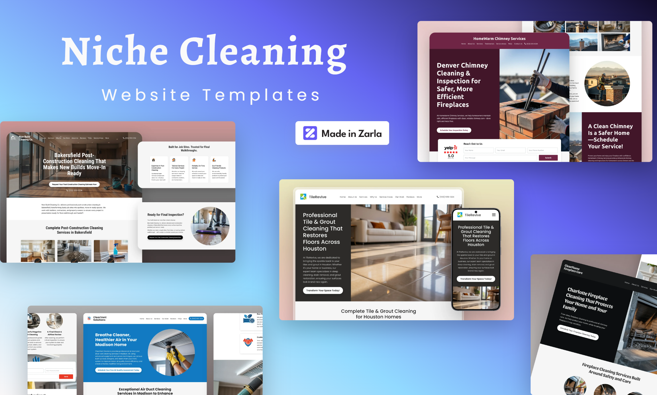 Niche cleaning website templates created with Zarla