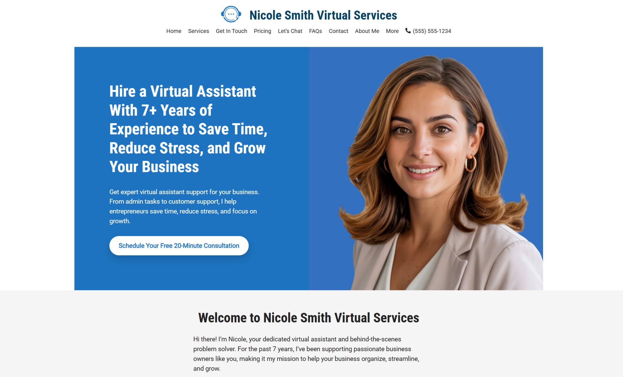 Nicole Smith Virtual Services homepage showing a smiling woman in a taupe blazer next to a bold headline that reads “Hire a Virtual Assistant With 7+ Years of Experience to Save Time, Reduce Stress, and Grow Your Business” with a white button labeled “Schedule Your Free 20-Minute Consultation.”