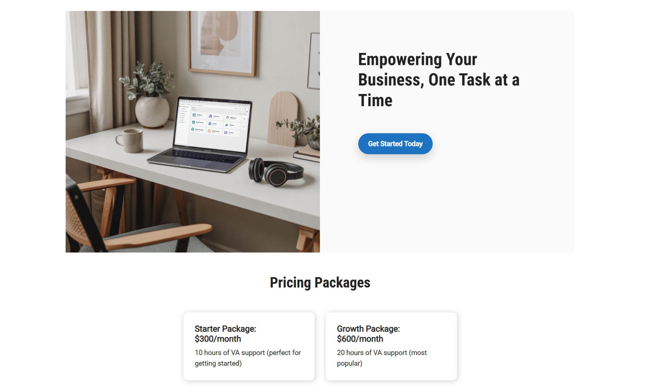 Section featuring a clean workspace with a laptop, mug, and headphones on a white desk, next to the headline “Empowering Your Business, One Task at a Time” and a bold blue “Get Started Today” button, followed by two white pricing cards below