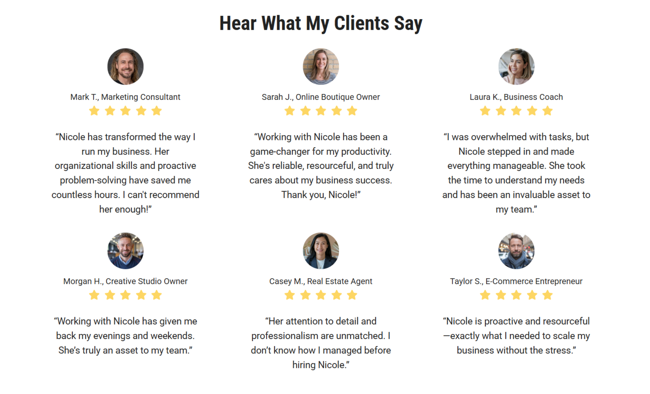 A grid of six glowing client testimonials for Nicole, each paired with a circular headshot, name, title, five-star rating, and quote, under the section header “Hear What My Clients Say.”