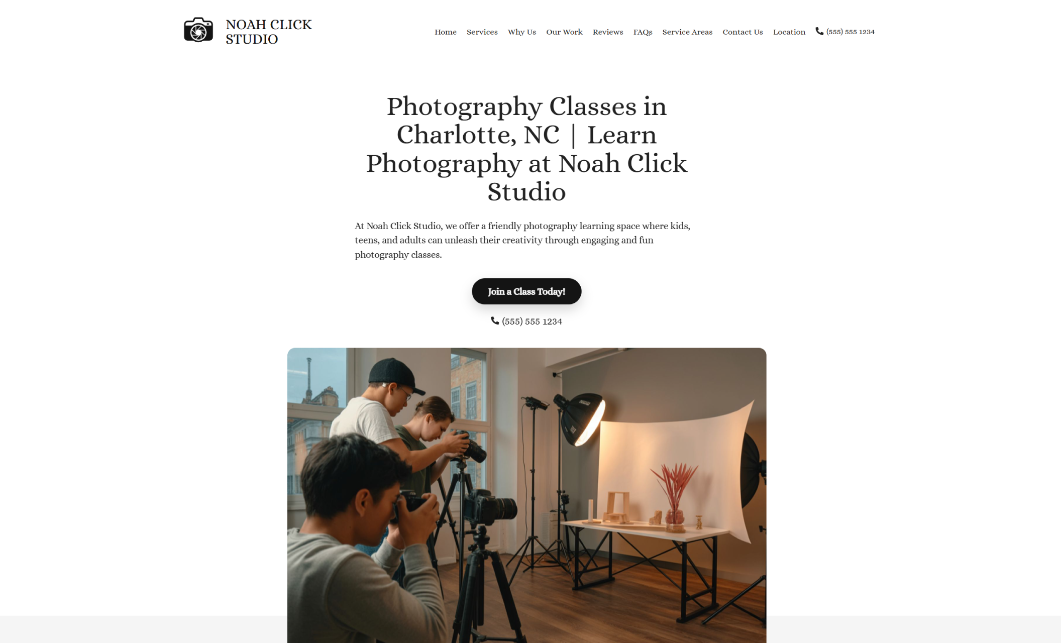 Noah Click Studio homepage featuring students photographing a studio setup beside a clean layout with the headline about photography classes in Charlotte and a “Join a Class Today” button