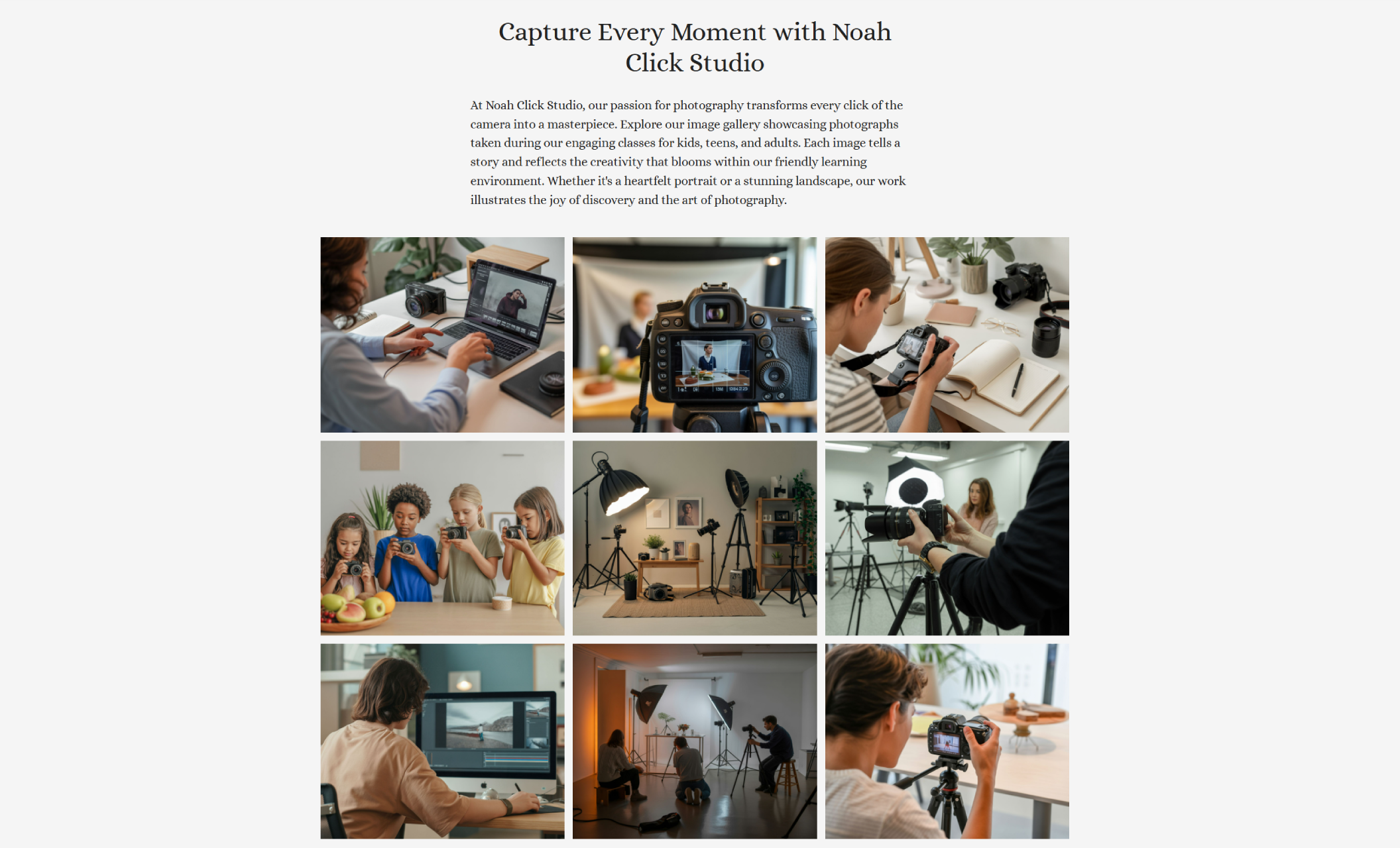 Noah Click Studio gallery section displaying a grid of photography class moments, including students using cameras, studio lighting setups, and editing photos on computers