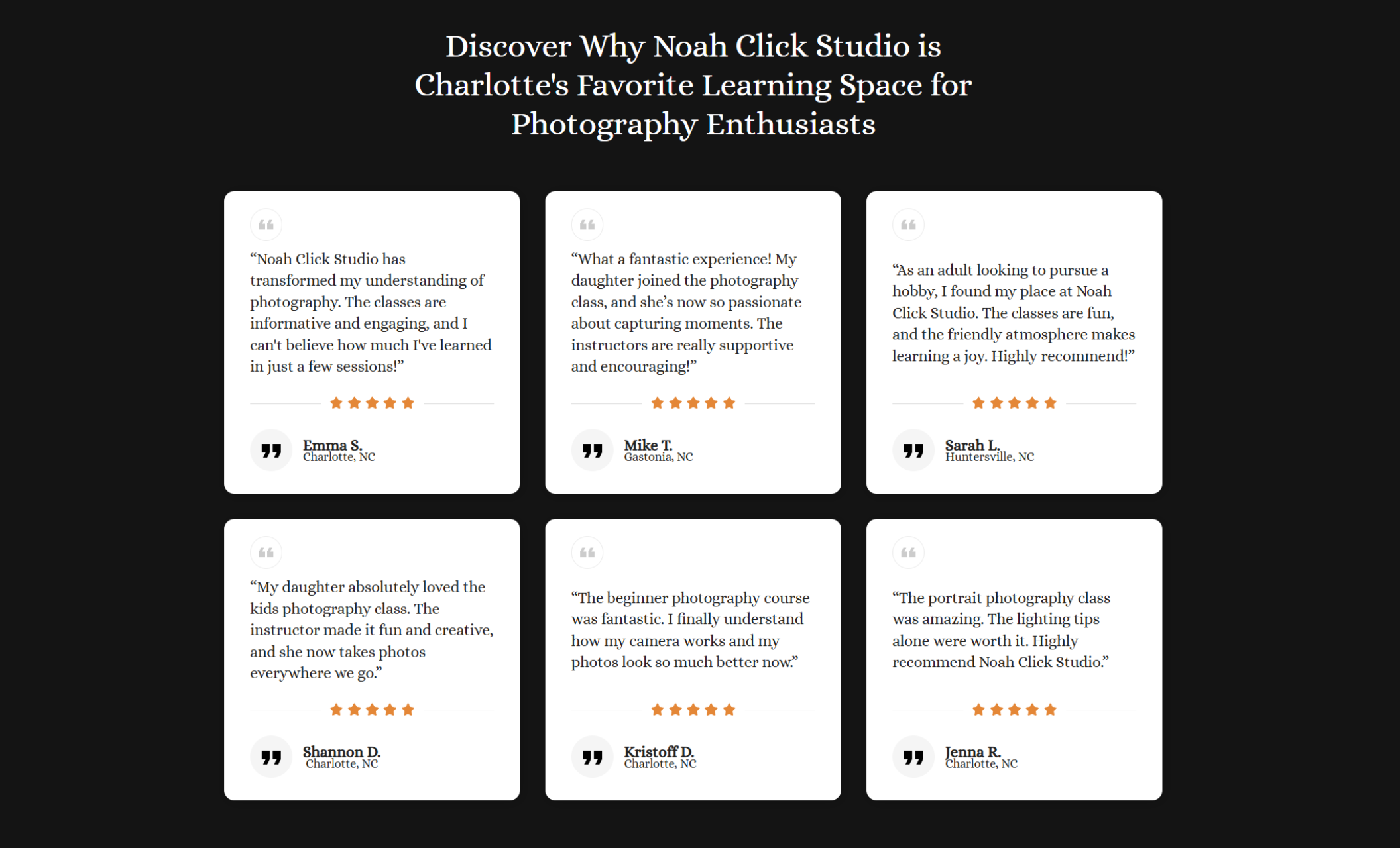 Noah Click Studio testimonials section showing multiple client reviews in a dark layout with star ratings and quotes about photography classes in Charlotte