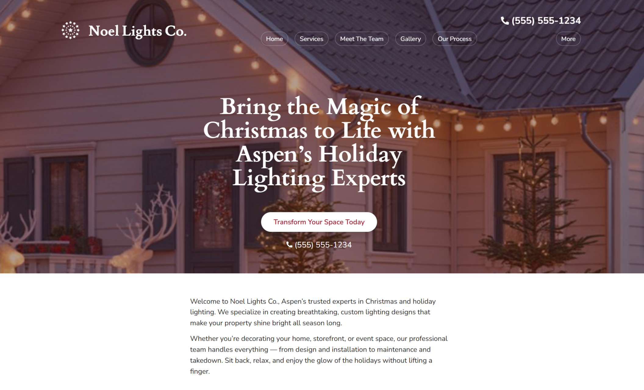 Noel Lights Co. homepage featuring a warmly lit house with glowing roofline lights and reindeer decorations, beside the headline “Bring the Magic of Christmas to Life with Aspen’s Holiday Lighting Experts” and a red button labeled “Transform Your Space Today.”
