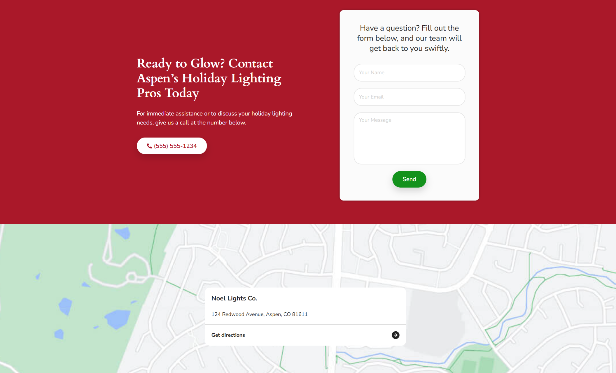 Noel Lights Co. contact page displaying a red background with white text reading “Ready to Glow? Contact Aspen’s Holiday Lighting Pros Today,” alongside a simple contact form, phone number, and a map showing the company’s Aspen, CO location