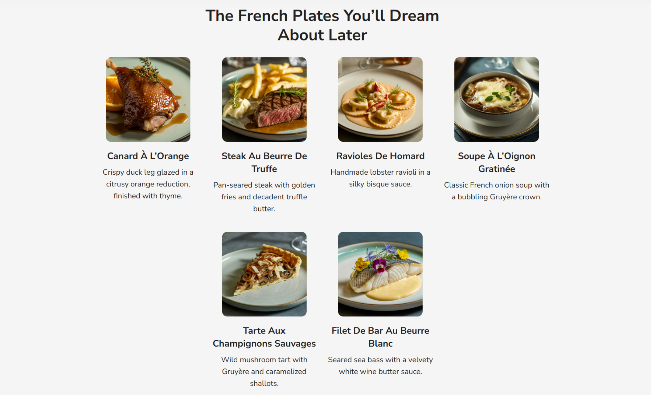 Signature dishes section of Noir & Vin’s site showing a grid of six gourmet French plates, including duck à l’orange, truffle steak, and sea bass, under the headline “The French Plates You’ll Dream About Later”
