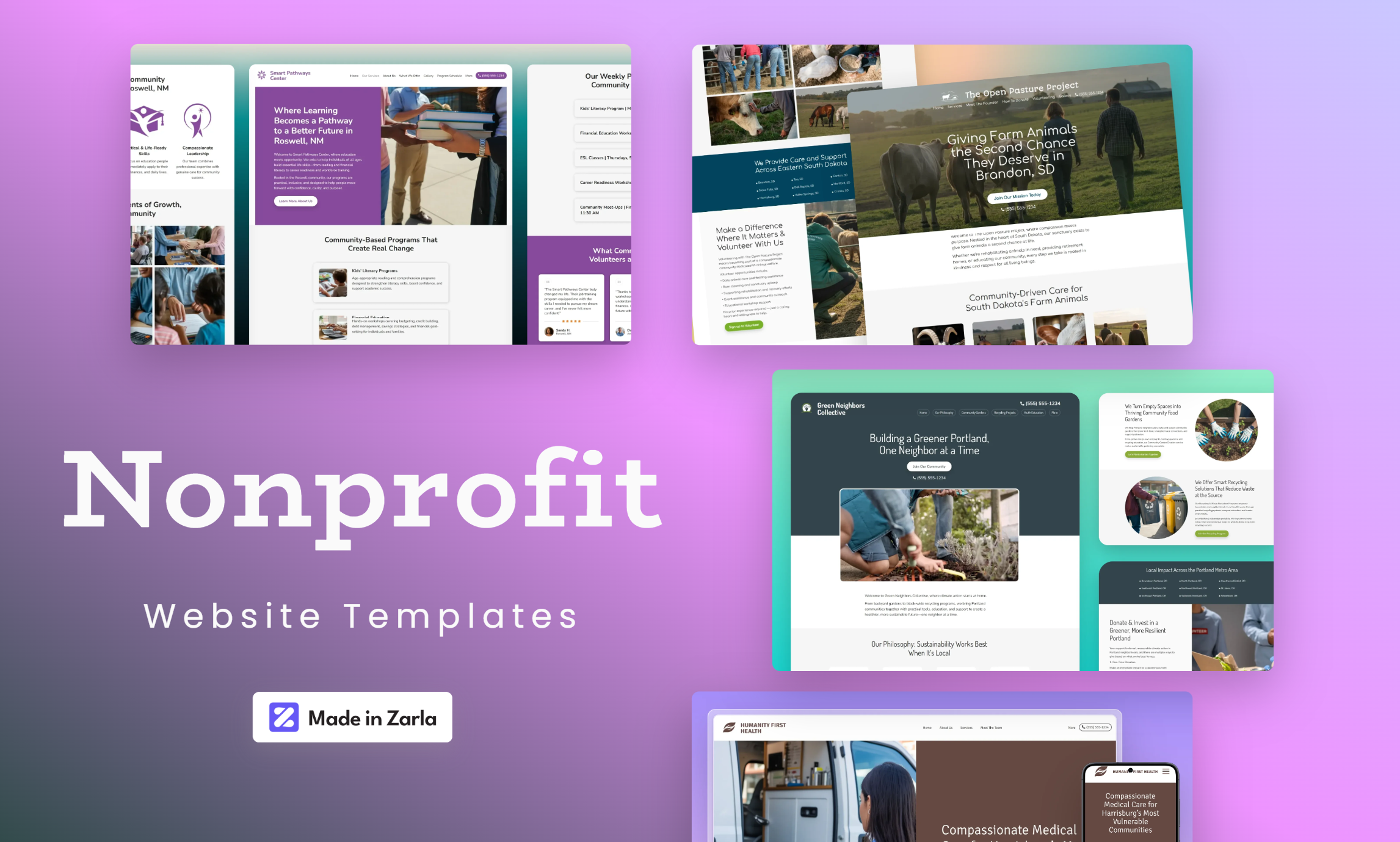 Collection of nonprofit website templates created with Zarla