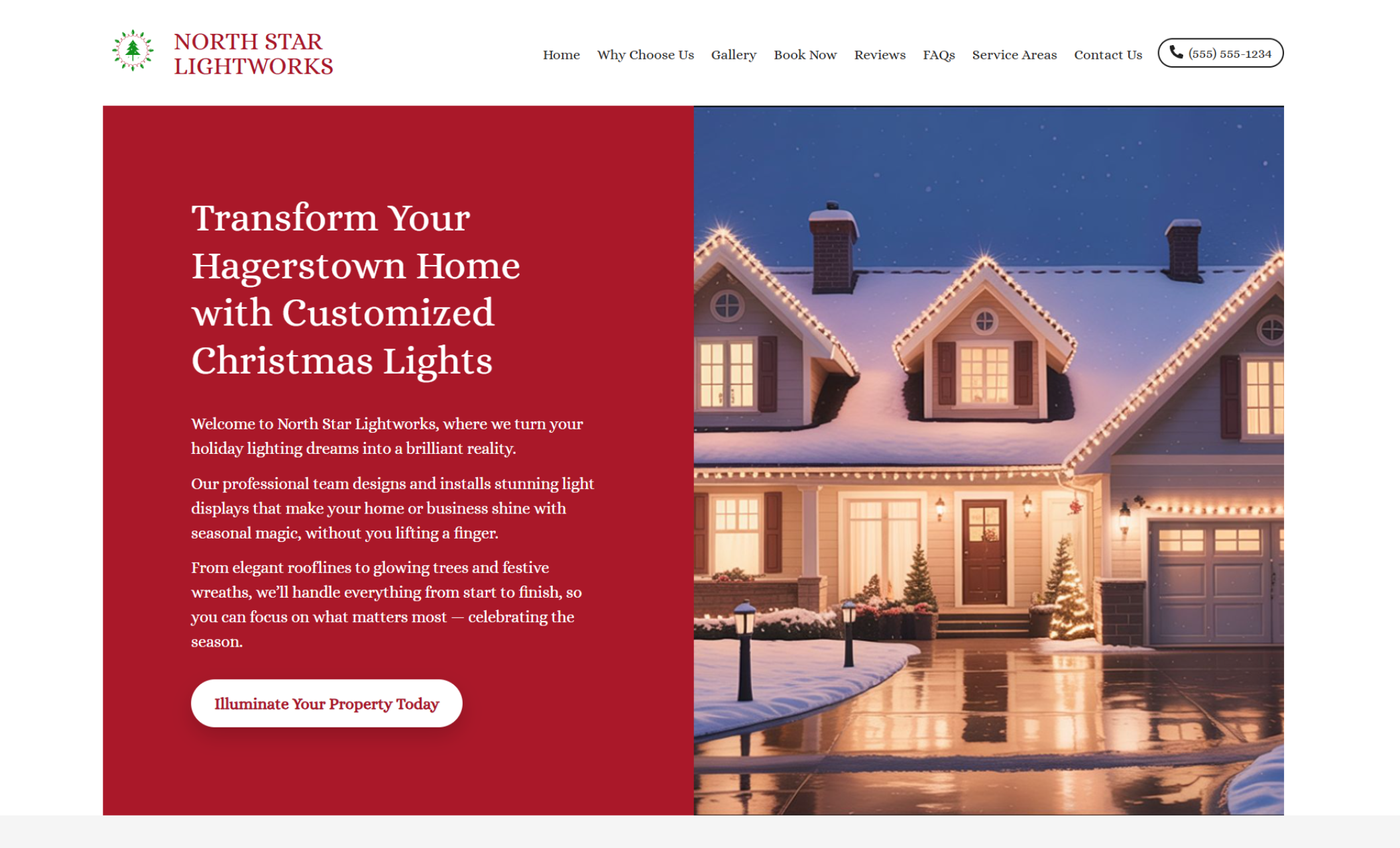 North Star Lightworks homepage featuring a warmly lit house with roofline Christmas lights and snow-covered ground, alongside a red banner with the headline “Transform Your Hagerstown Home with Customized Christmas Lights” and a white button that reads “Illuminate Your Property Today.”