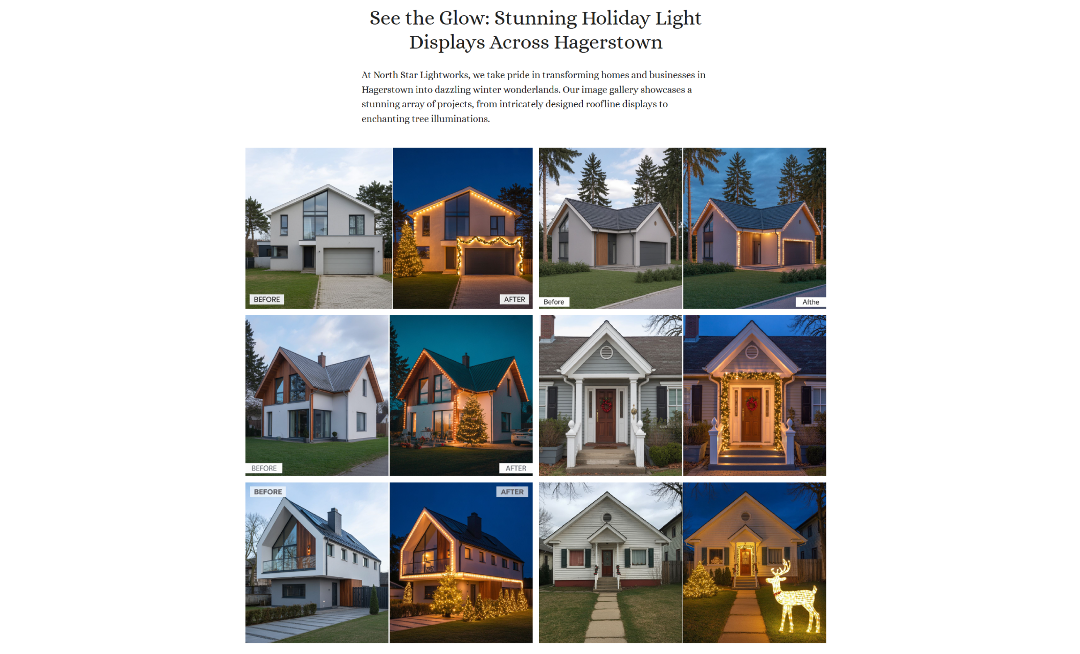 North Star Lightworks “Why We’re Trusted by Homeowners and Loved by Neighbors” section, featuring three illustrated service cards highlighting expert installation, energy-efficient lighting, and custom design solutions